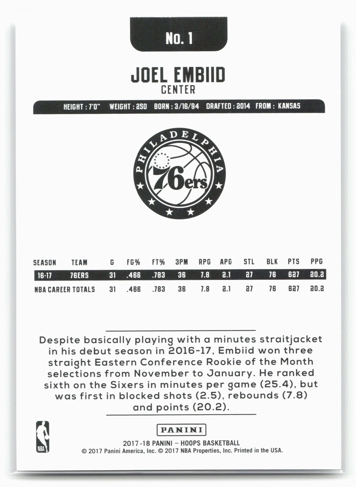 2017-18 Hoops #1 Joel Embiid