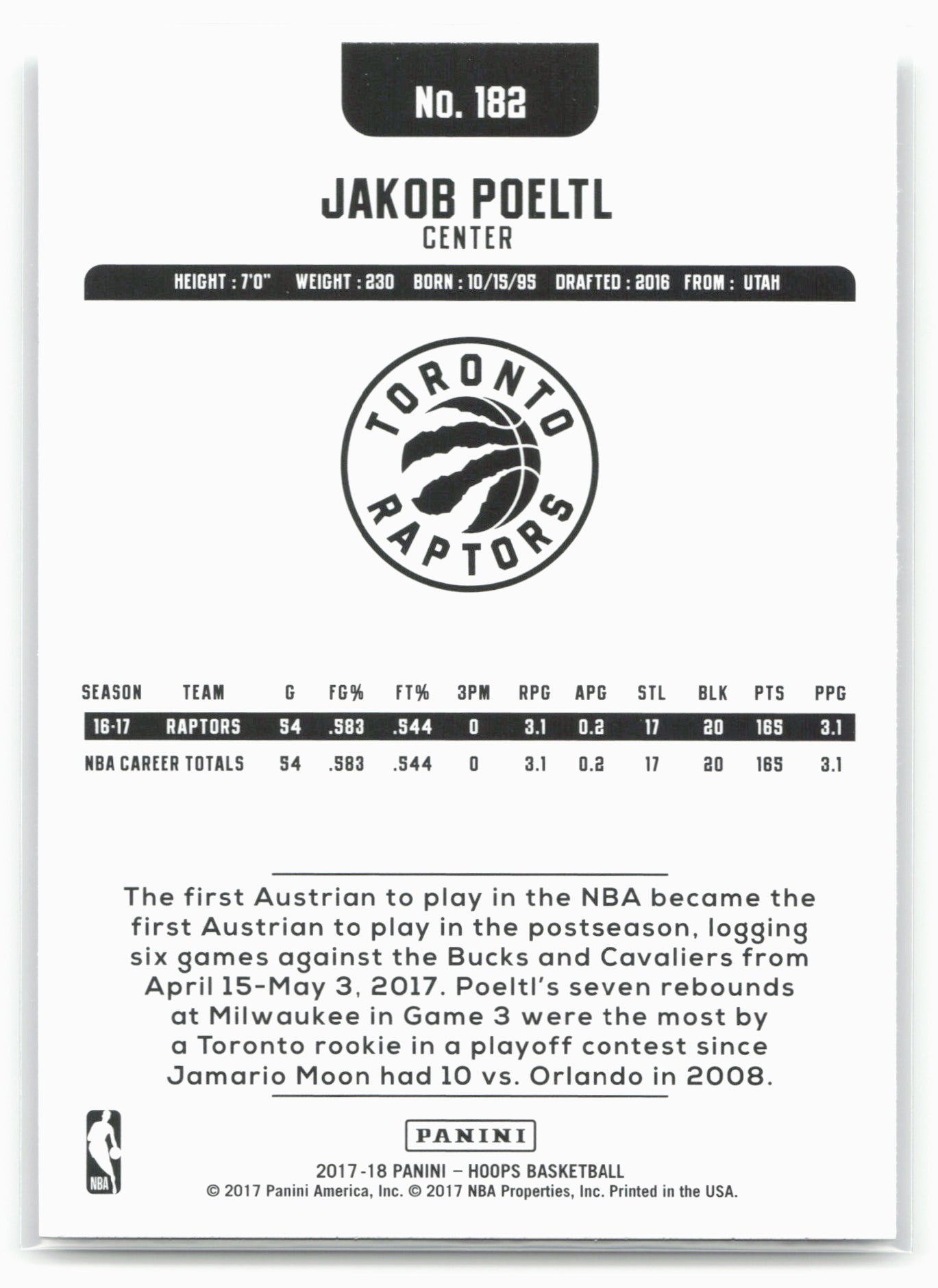 2017-18 Hoops #182 Jakob Poeltl