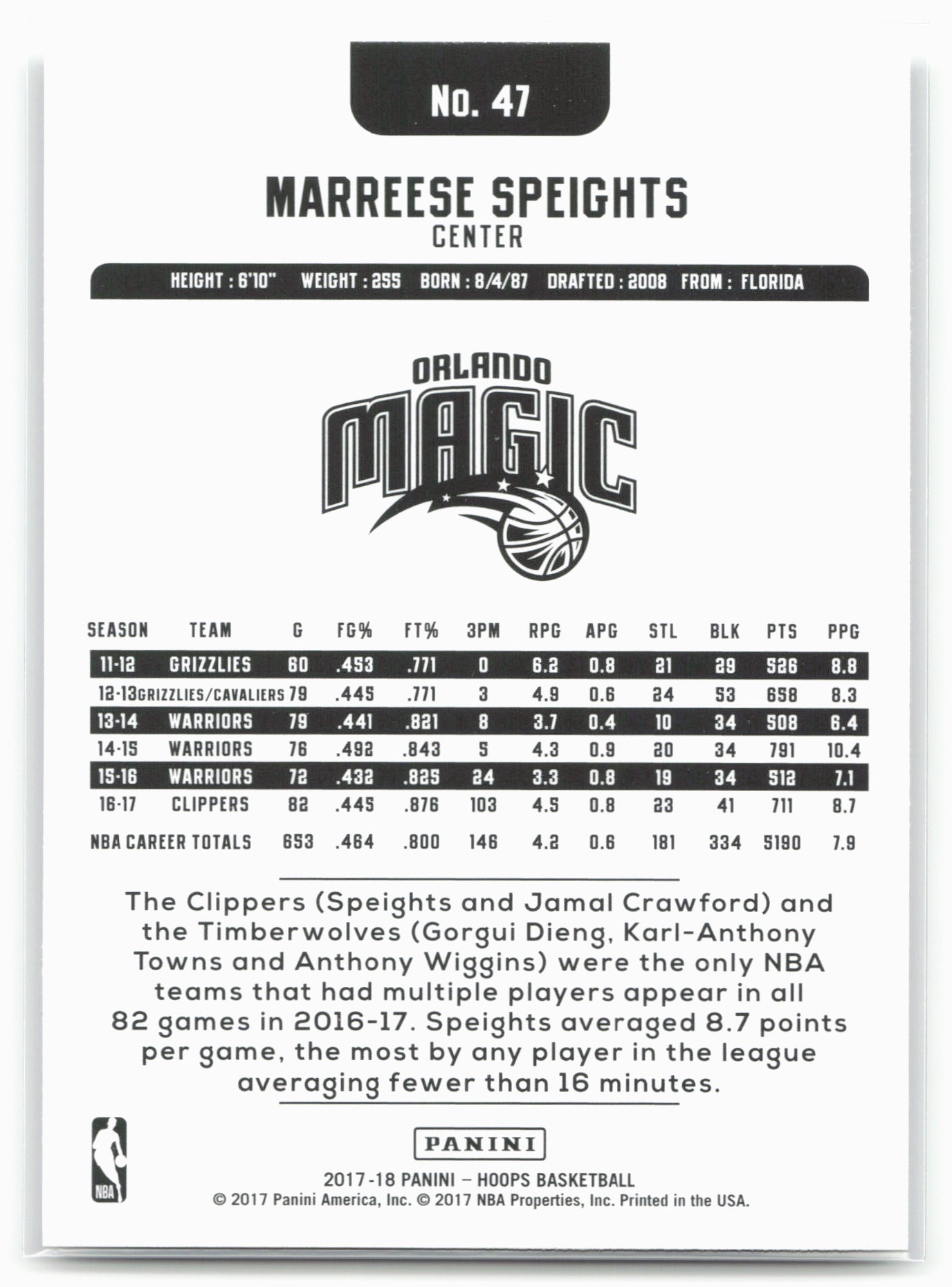 2017-18 Hoops #47 Marreese Speights