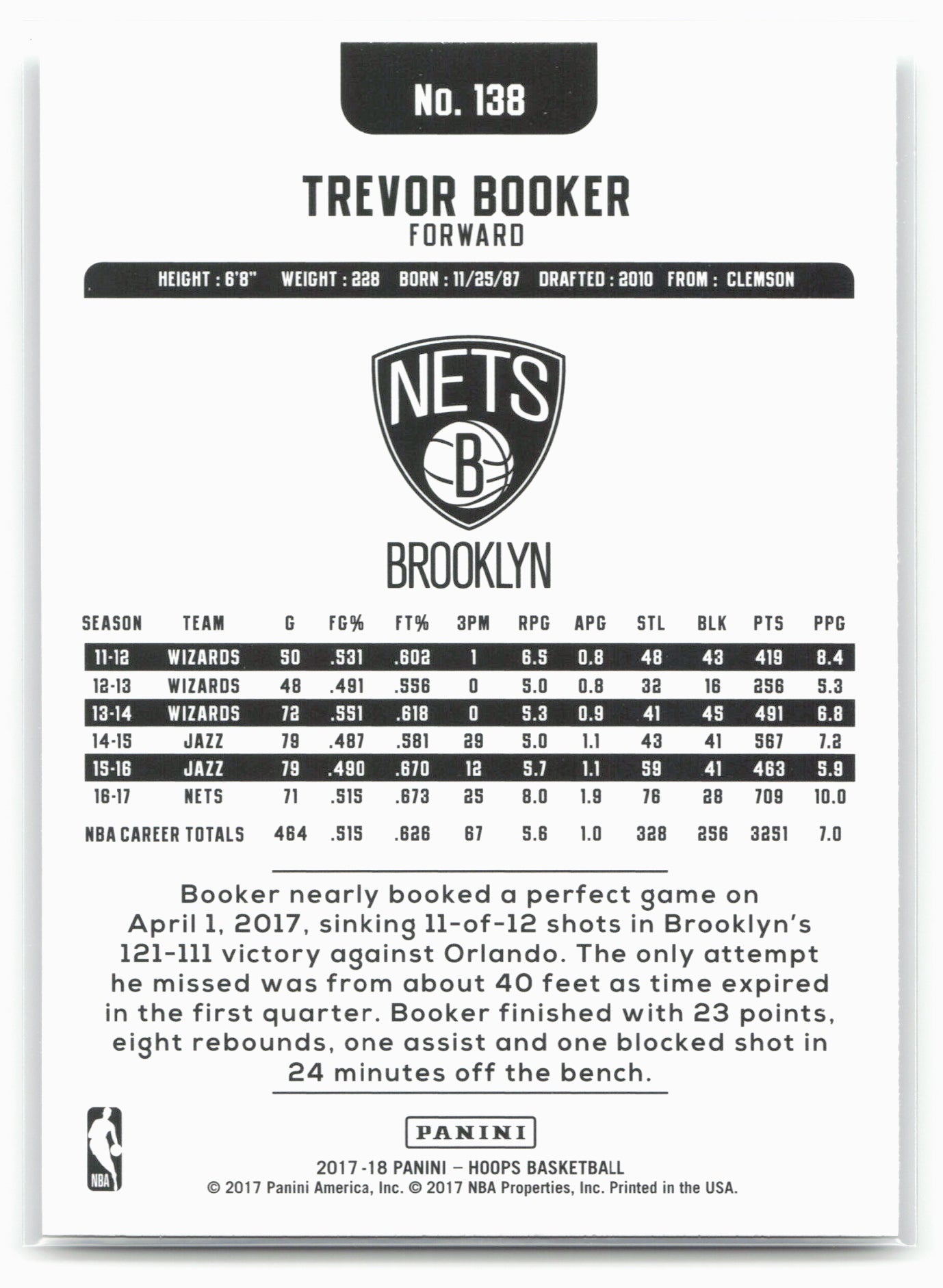 2017-18 Hoops #138 Trevor Booker