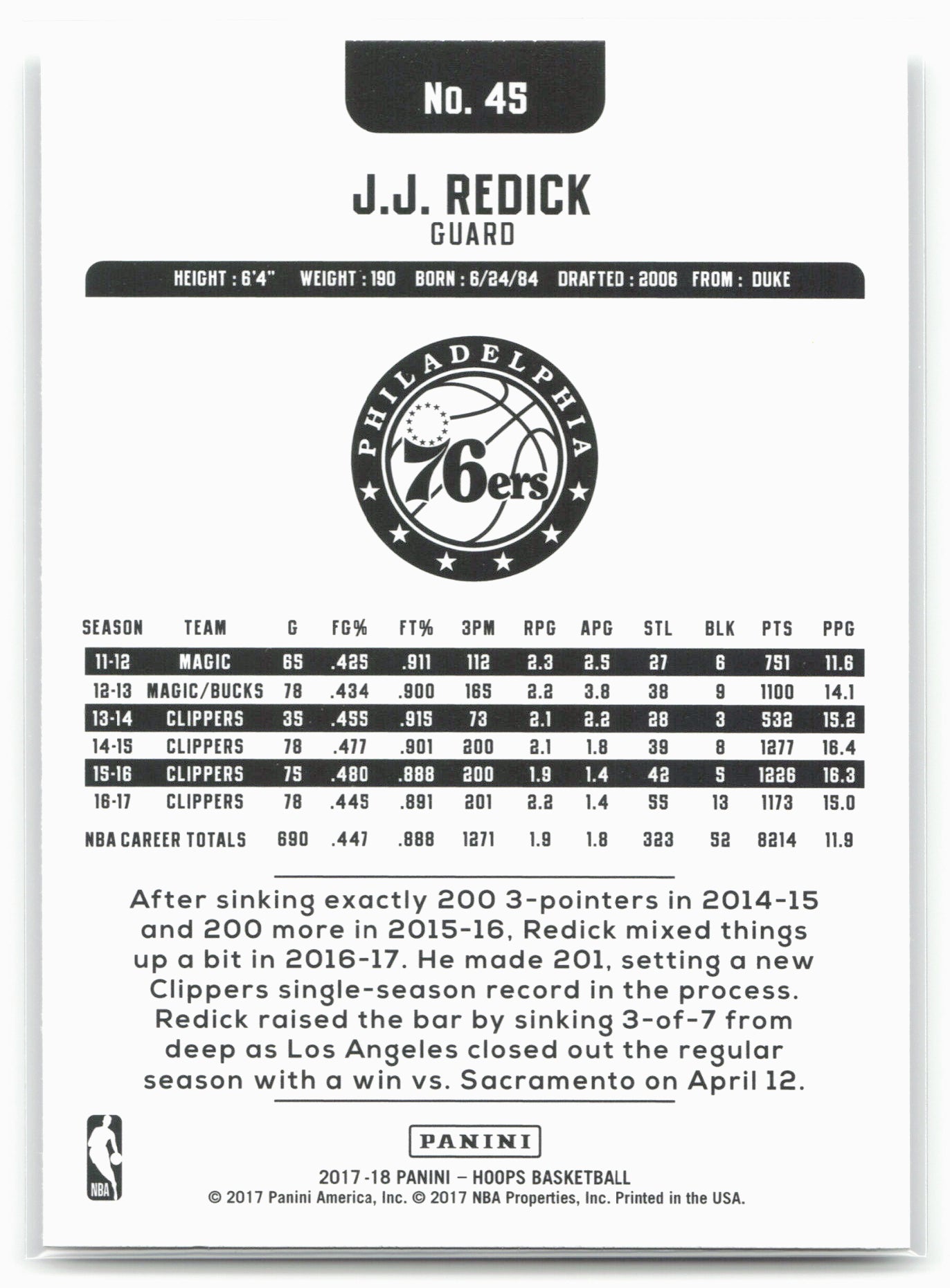 2017-18 Hoops #45 J.J. Redick