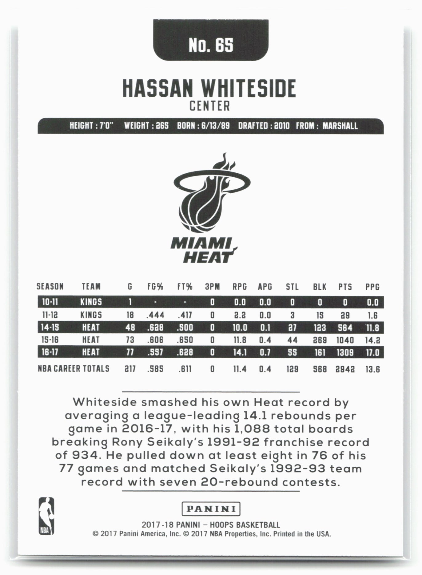 2017-18 Hoops #65 Hassan Whiteside