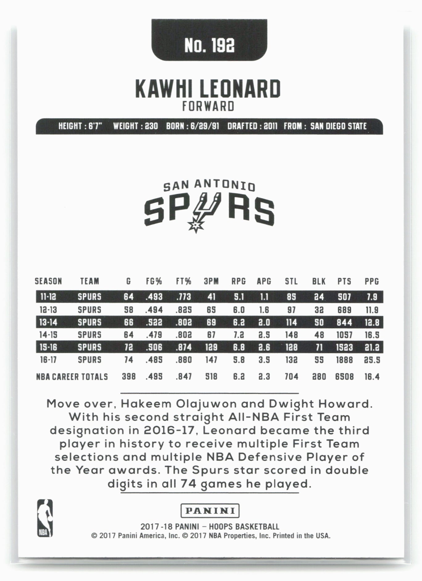 2017-18 Hoops #192 Kawhi Leonard