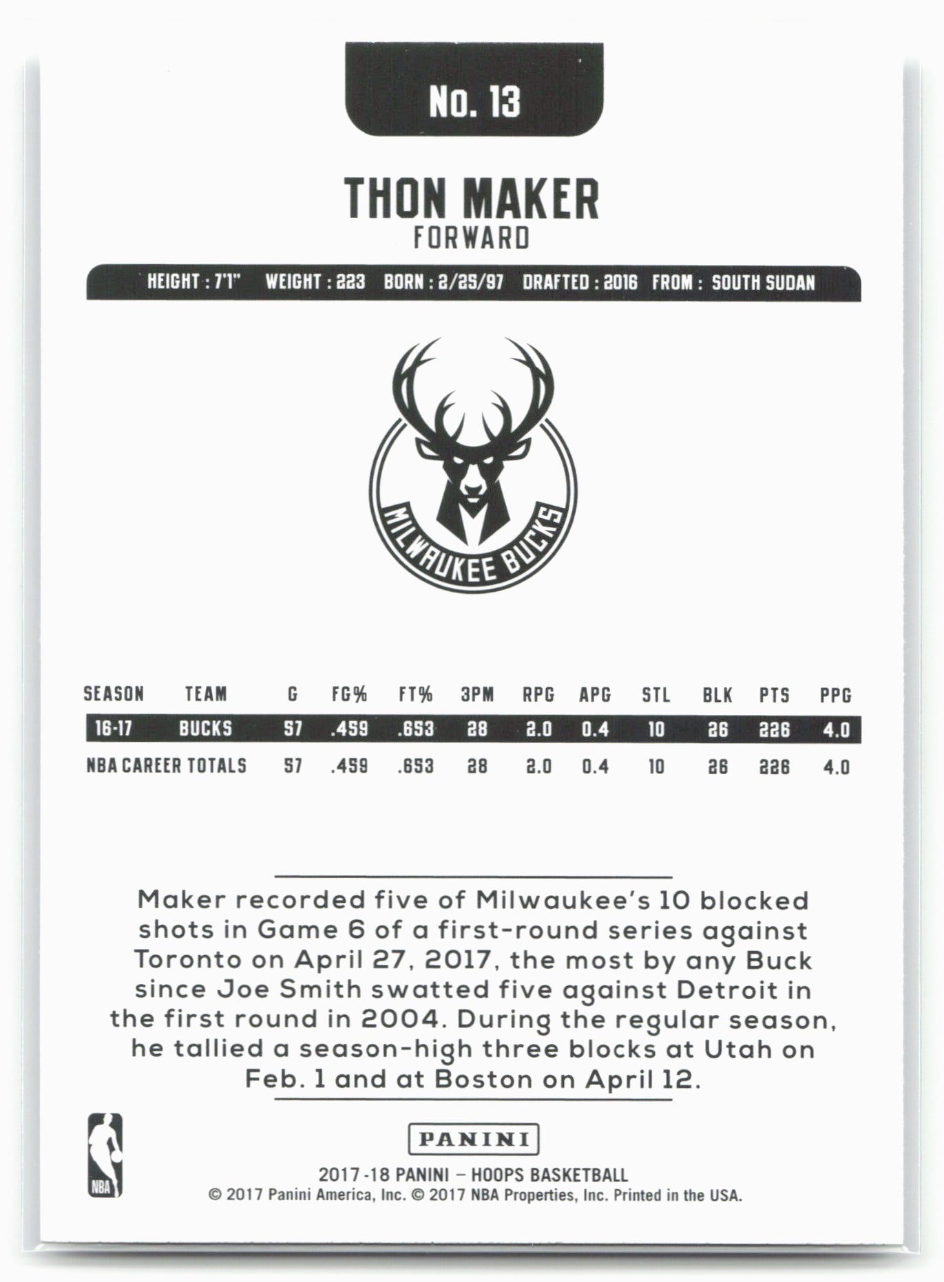 2017-18 Hoops #13 Thon Maker