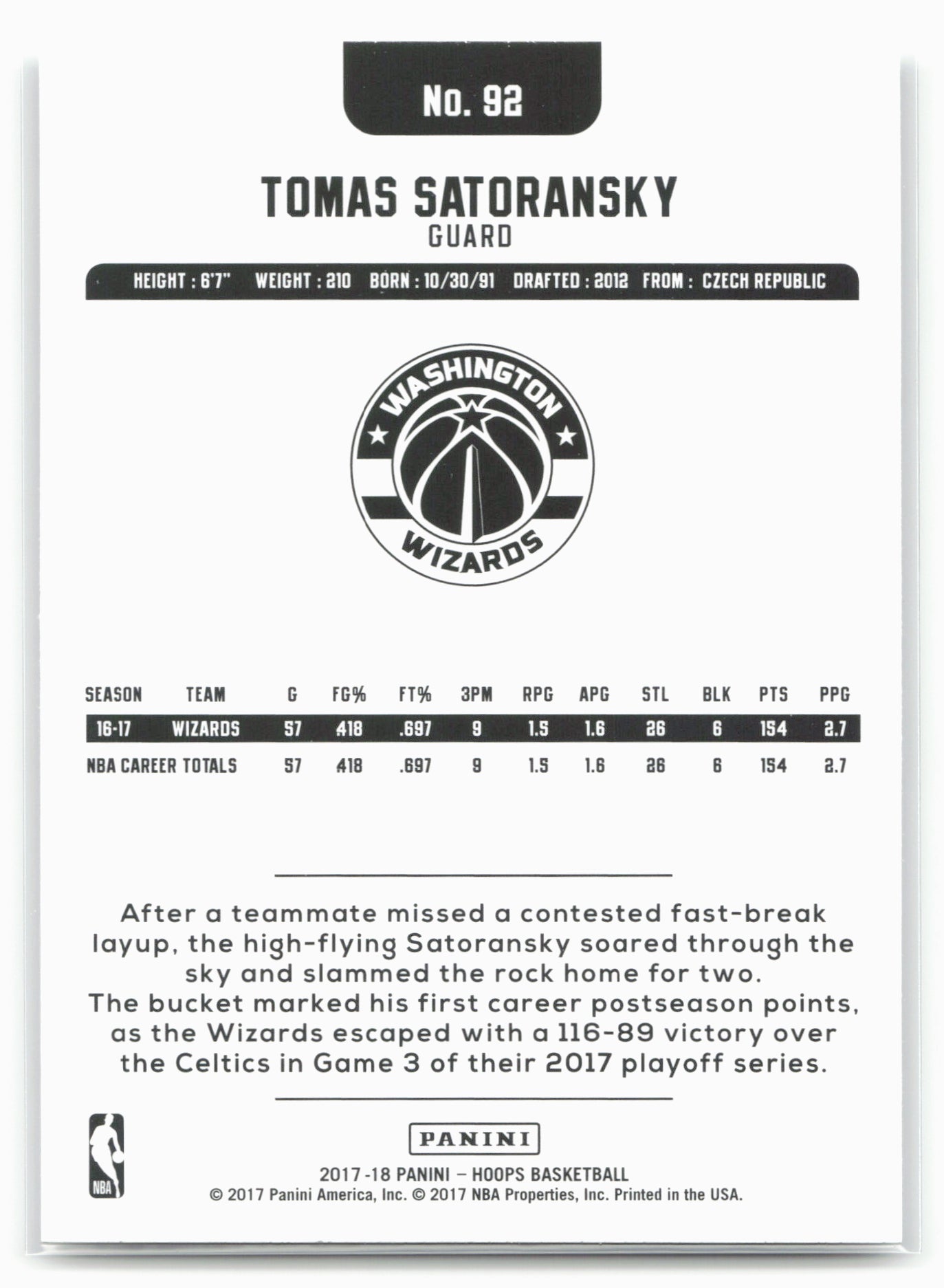 2017-18 Hoops #92 Tomas Satoransky