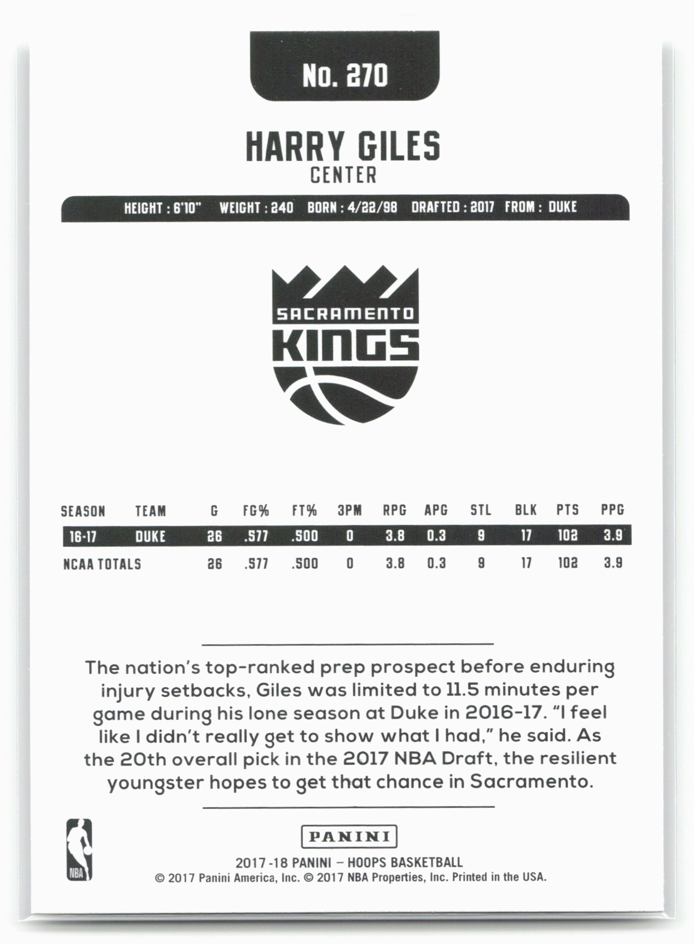 2017-18 Hoops #270 Harry Giles