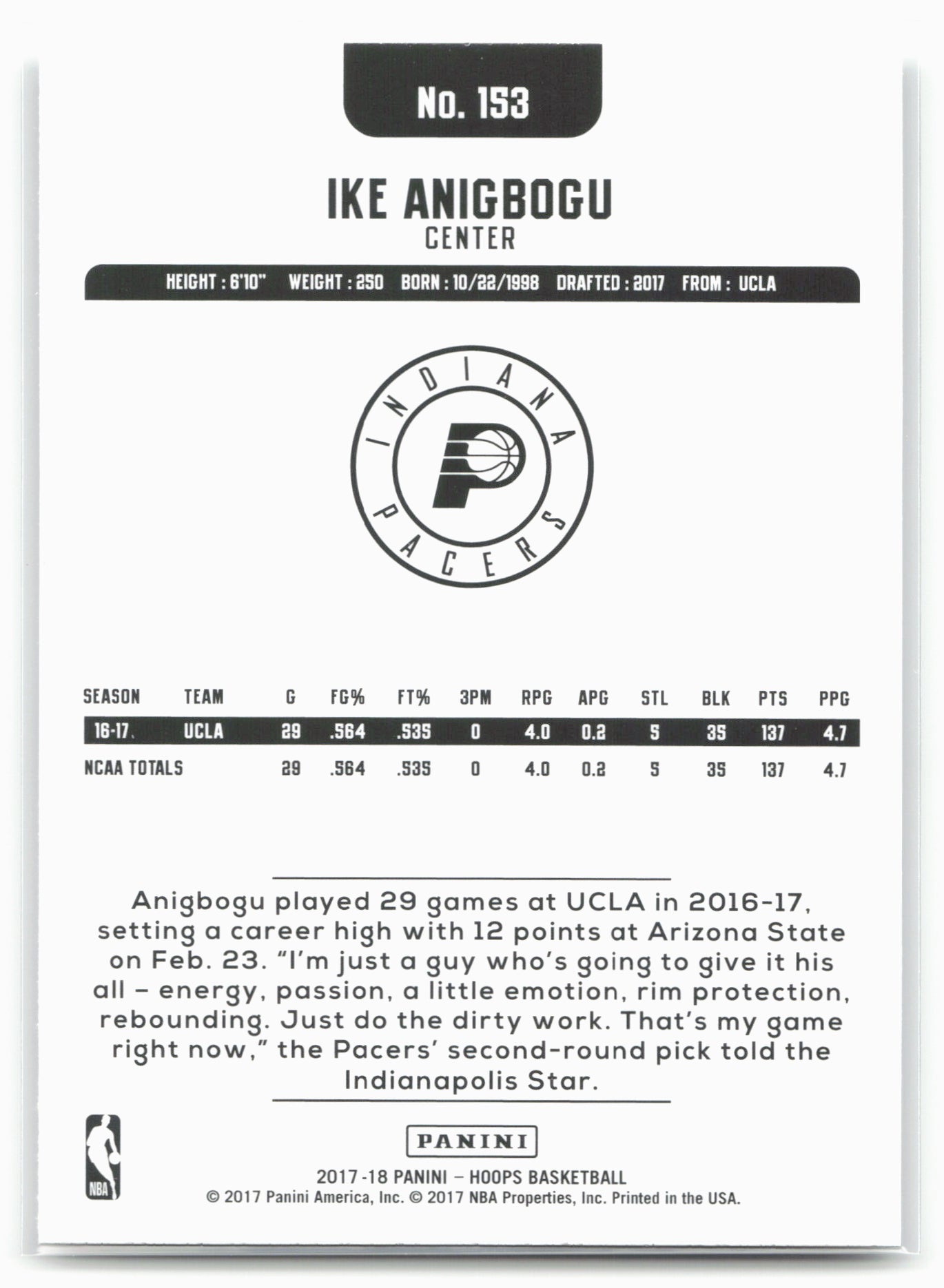 2017-18 Hoops #153 Ike Anigbogu