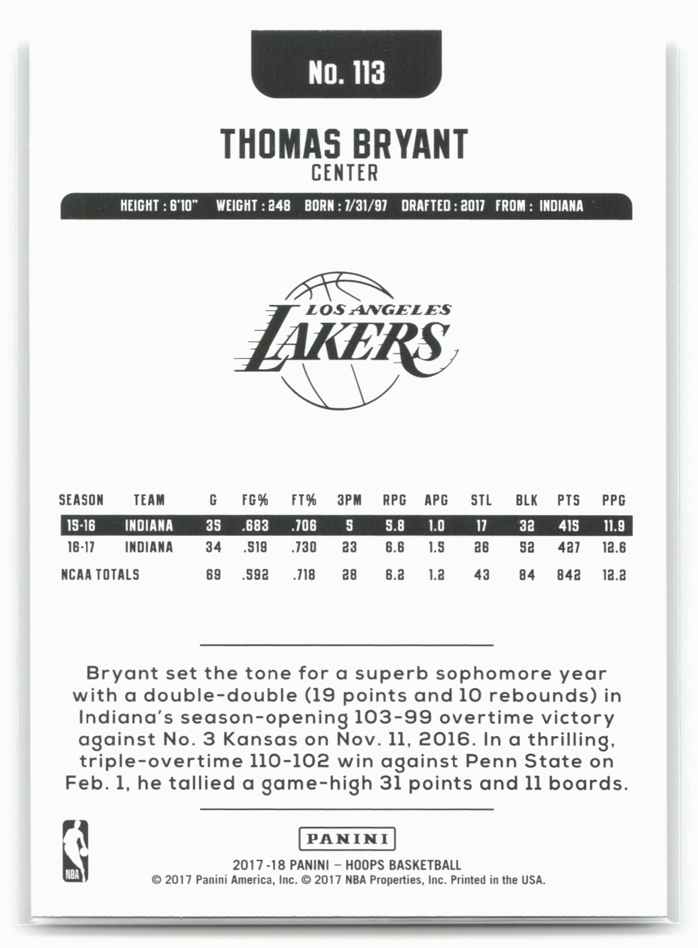 2017-18 Hoops #113 Thomas Bryant