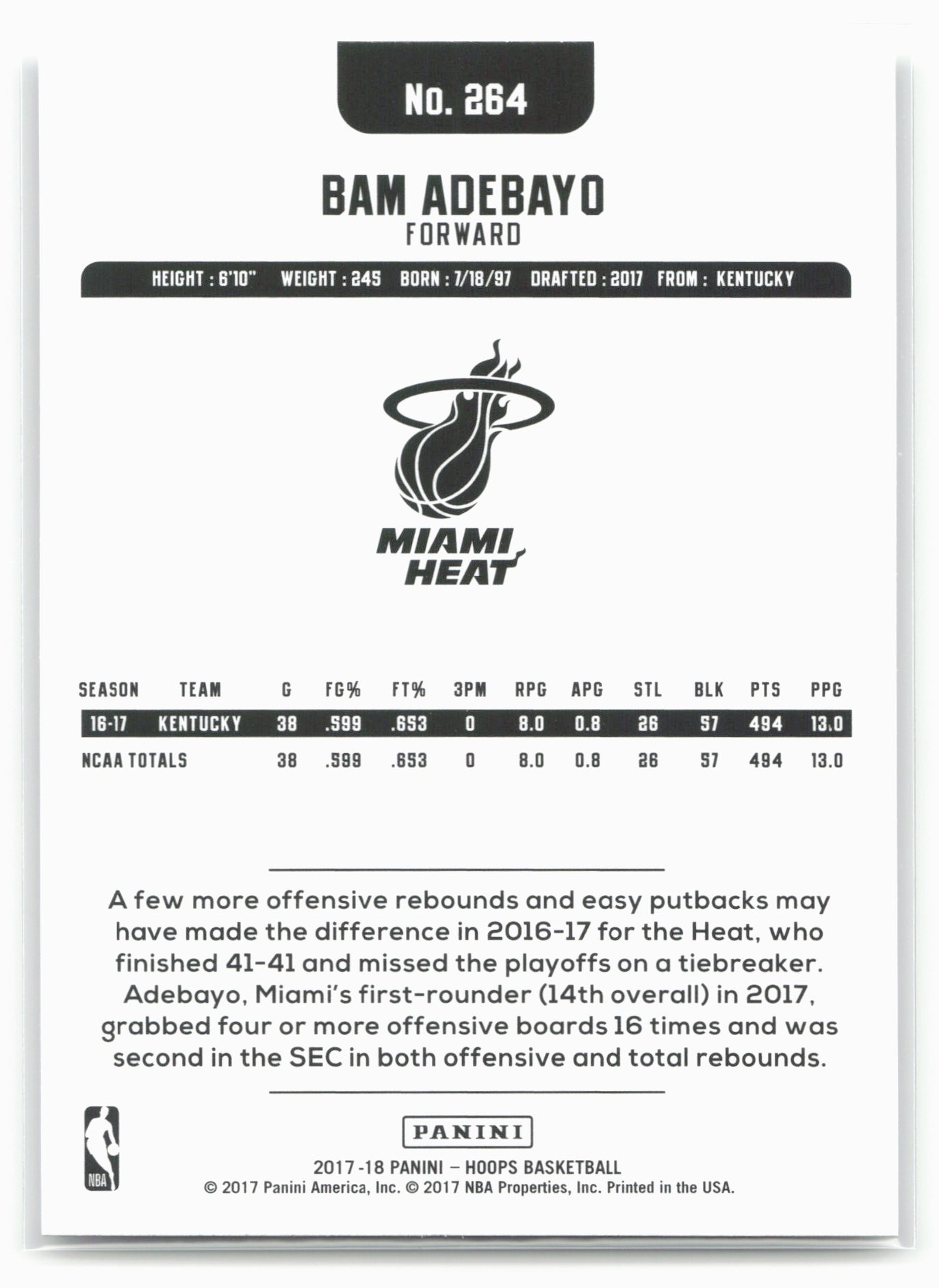 2017-18 Hoops #264 Bam Adebayo