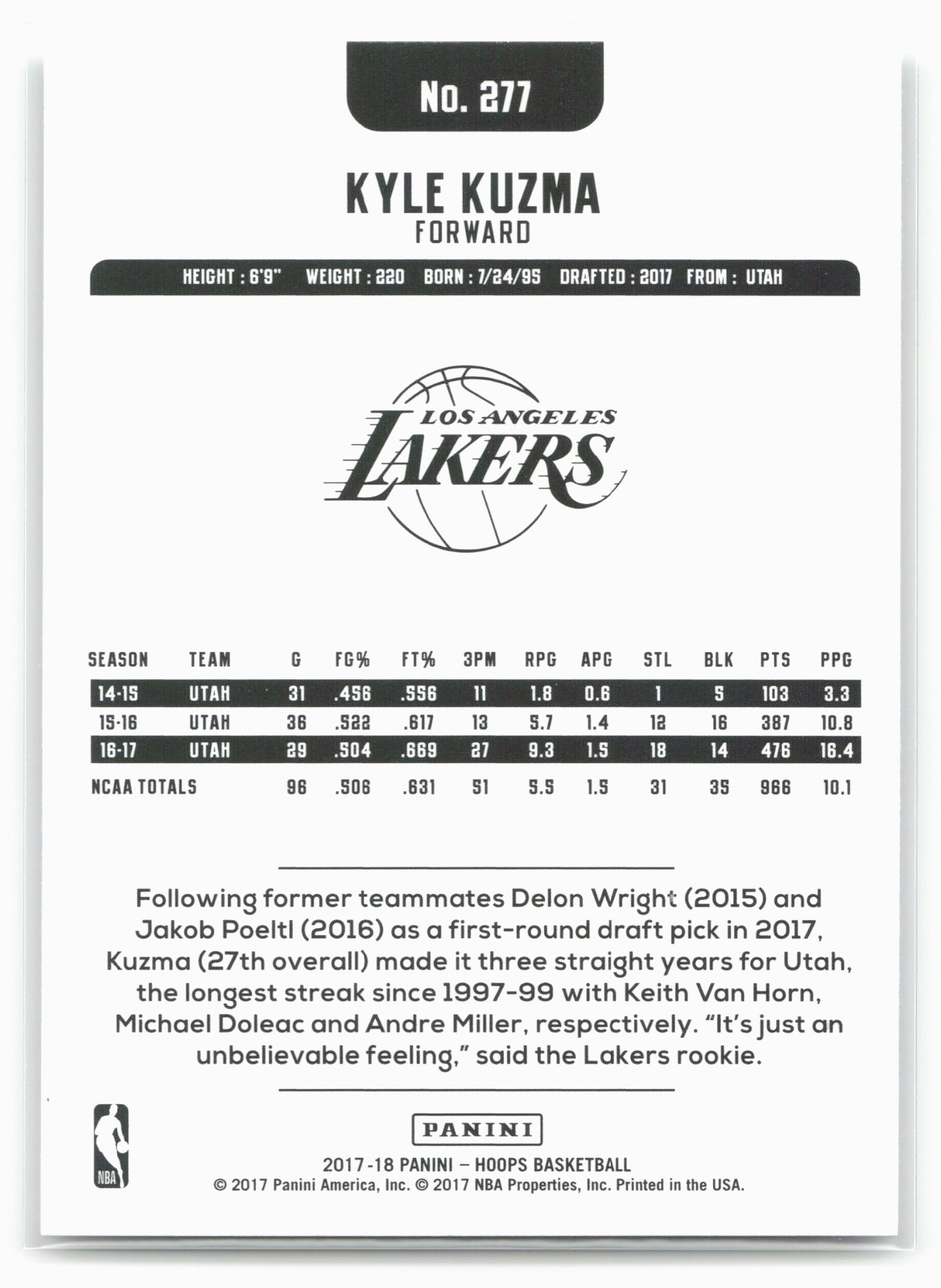 2017-18 Hoops #277 Kyle Kuzma