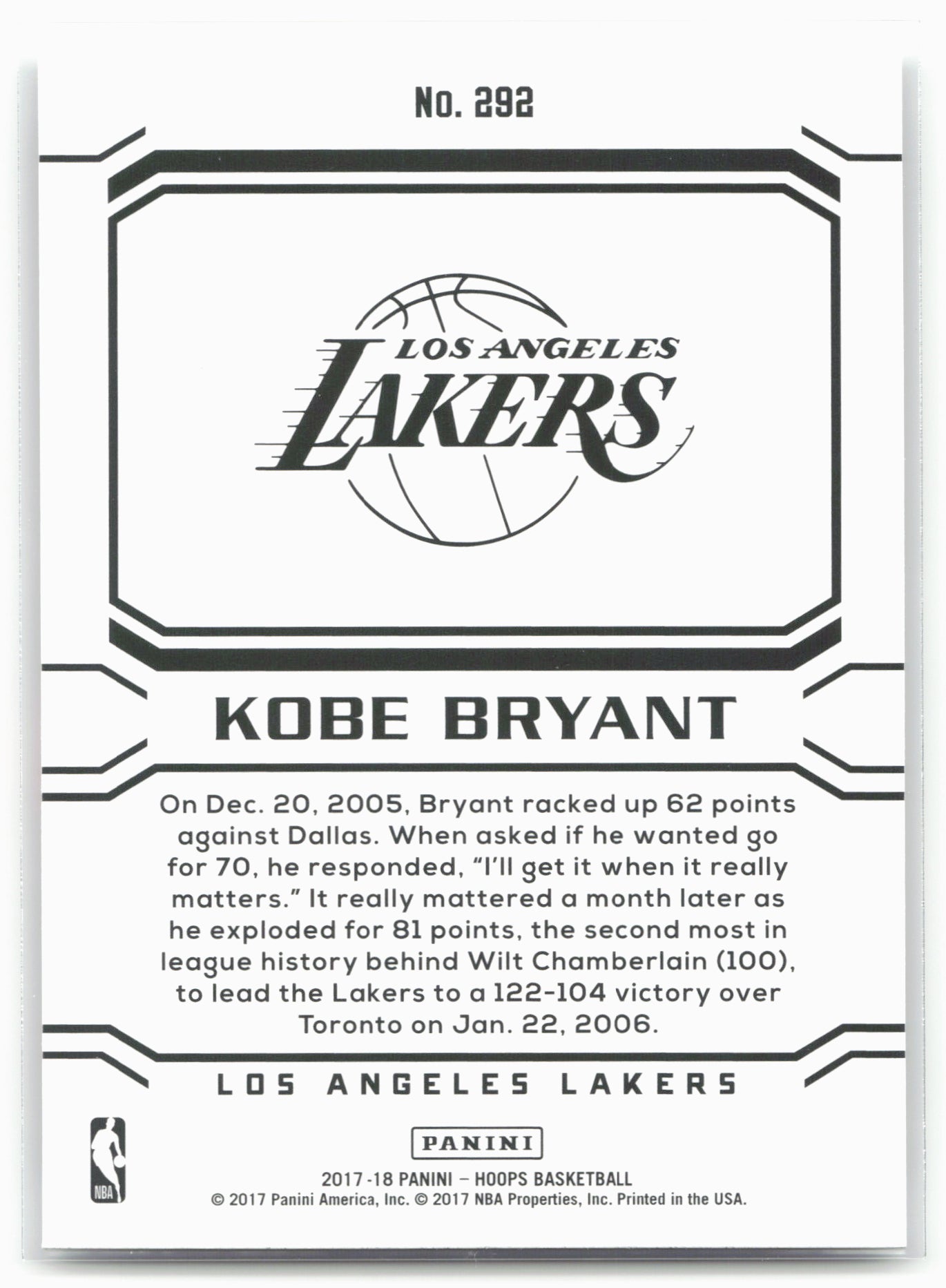 2017-18 Hoops #292 Kobe Bryant