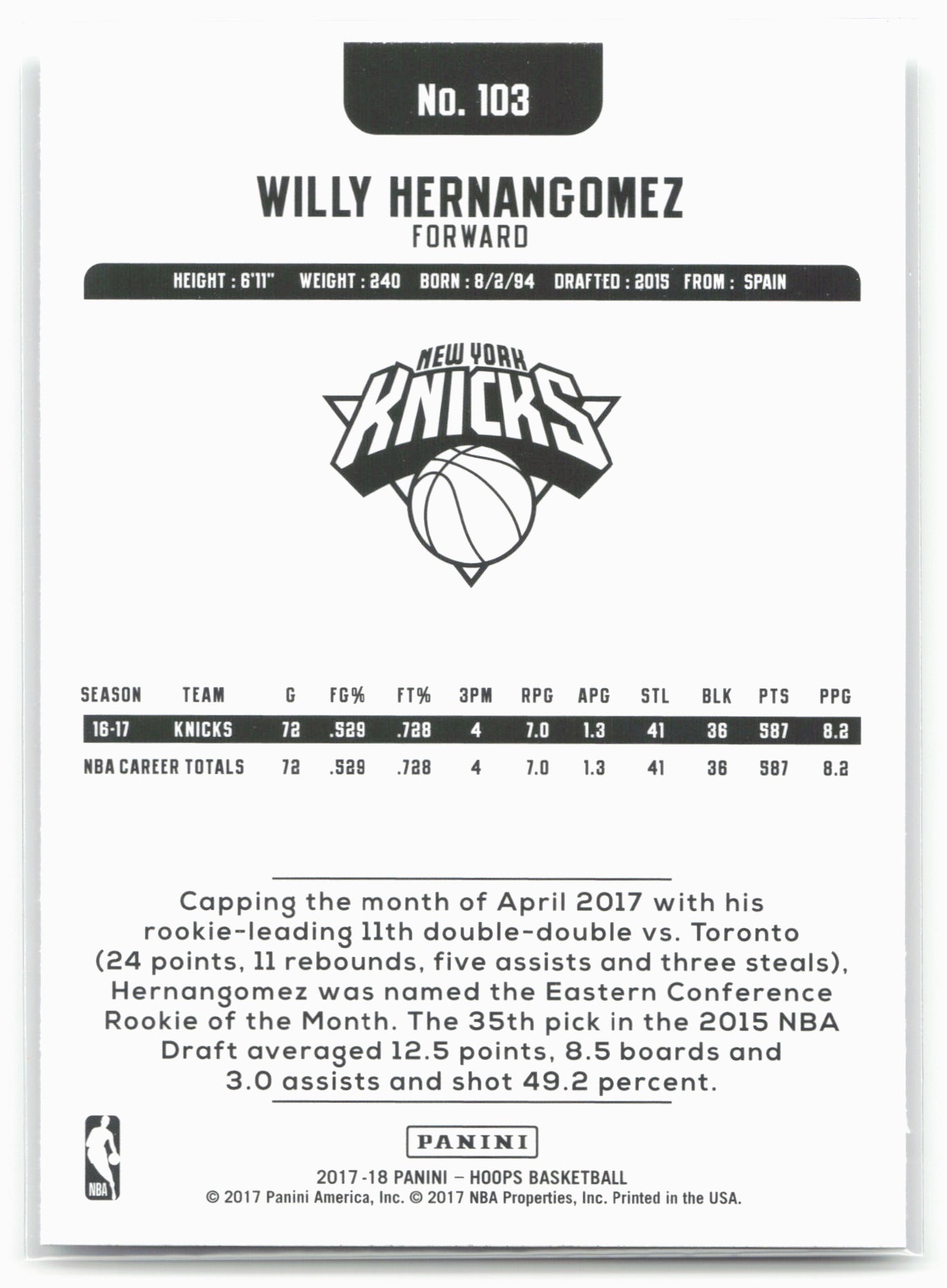 2017-18 Hoops #103 Willy Hernangomez