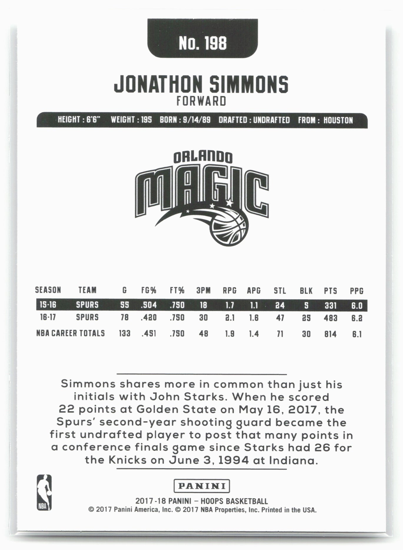 2017-18 Hoops #198 Jonathon Simmons