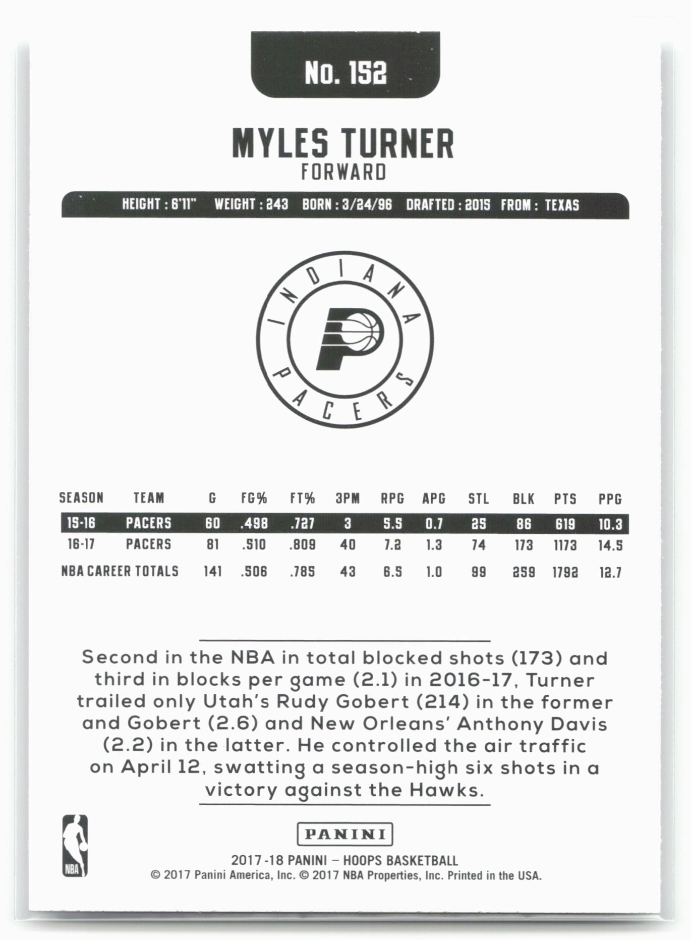 2017-18 Hoops #152 Myles Turner