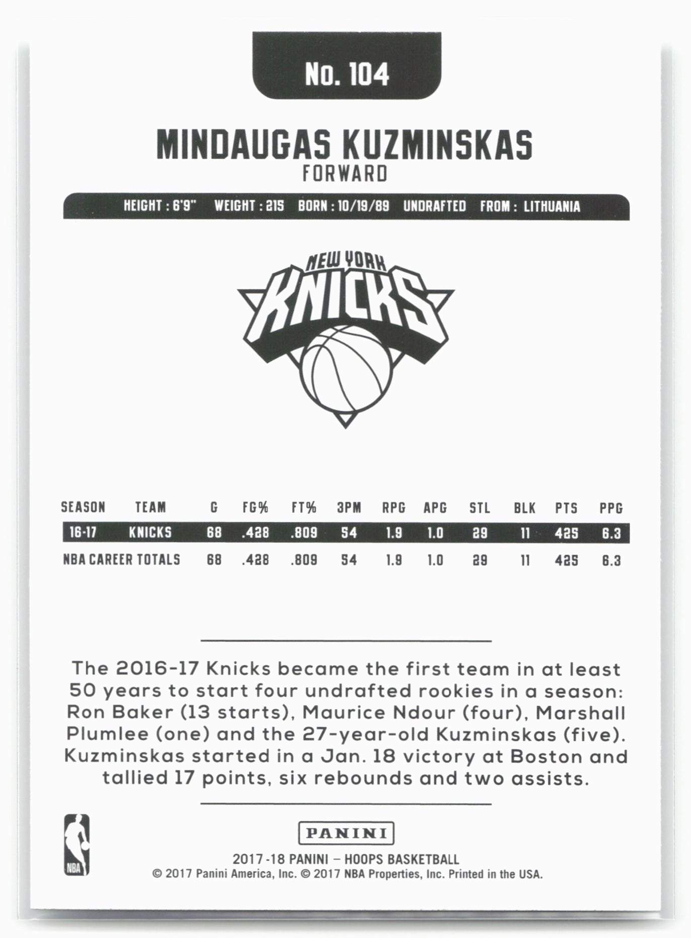 2017-18 Hoops #104 Mindaugas Kuzminskas
