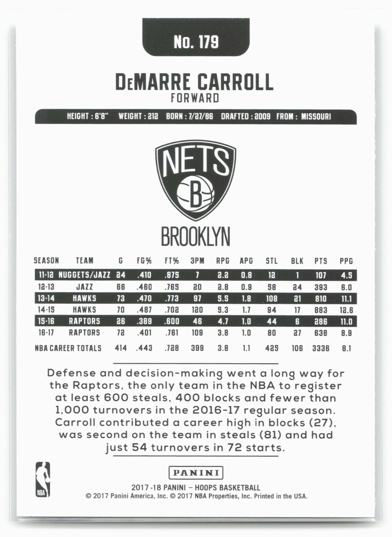 2017-18 Hoops #179 DeMarre Carroll