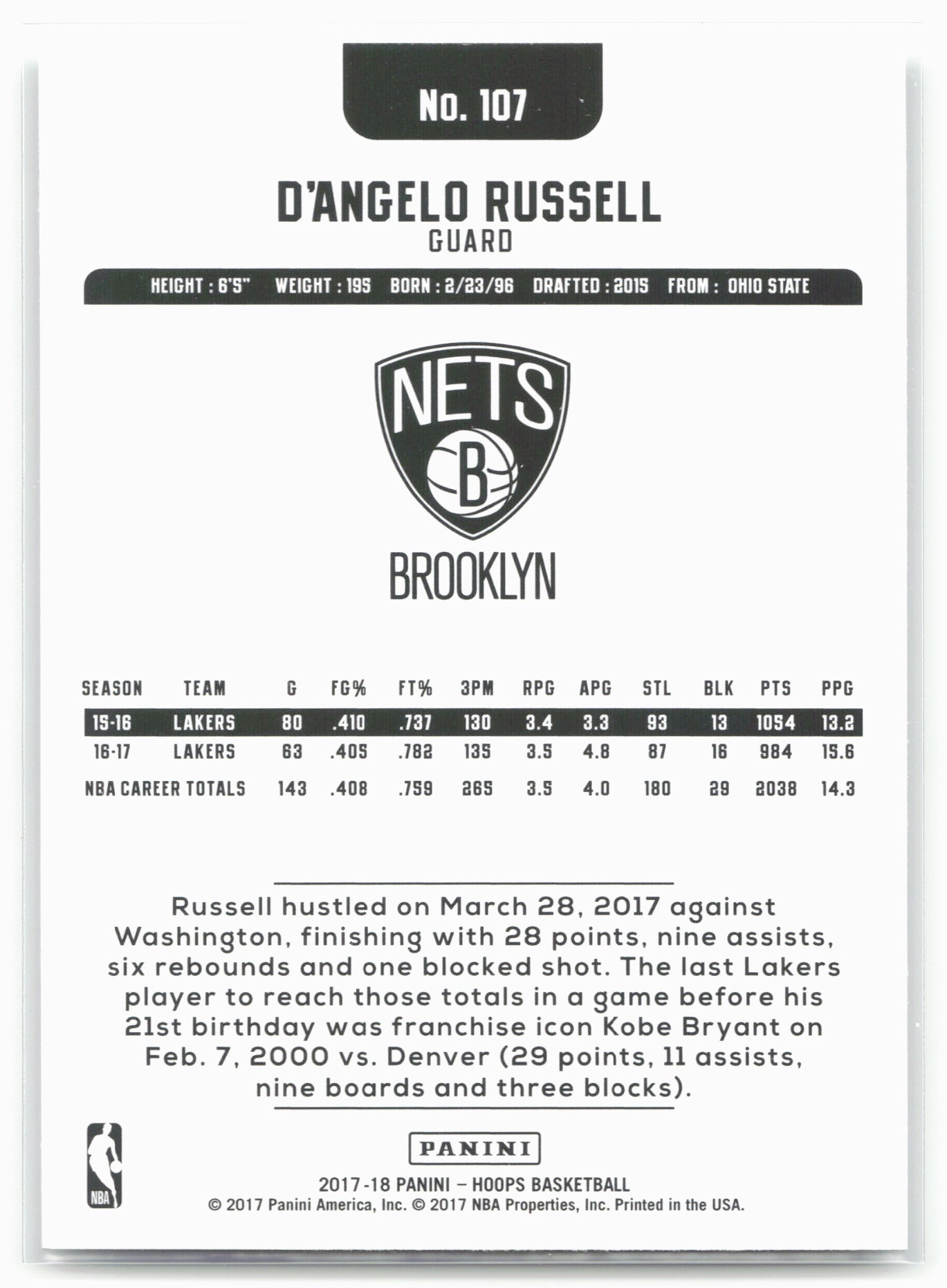 2017-18 Hoops #107 D'Angelo Russell