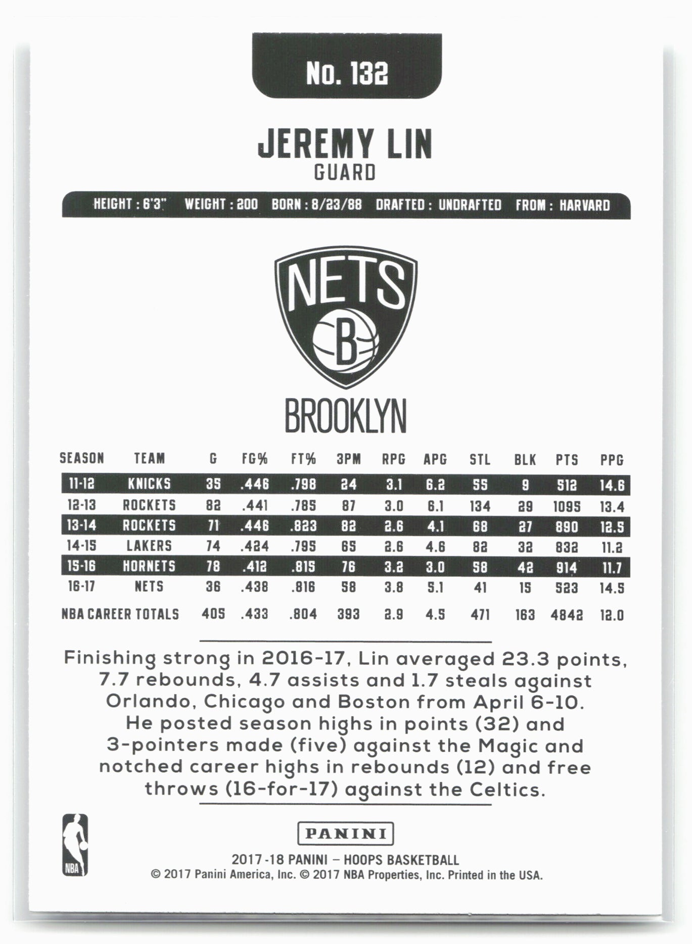 2017-18 Hoops #132 Jeremy Lin