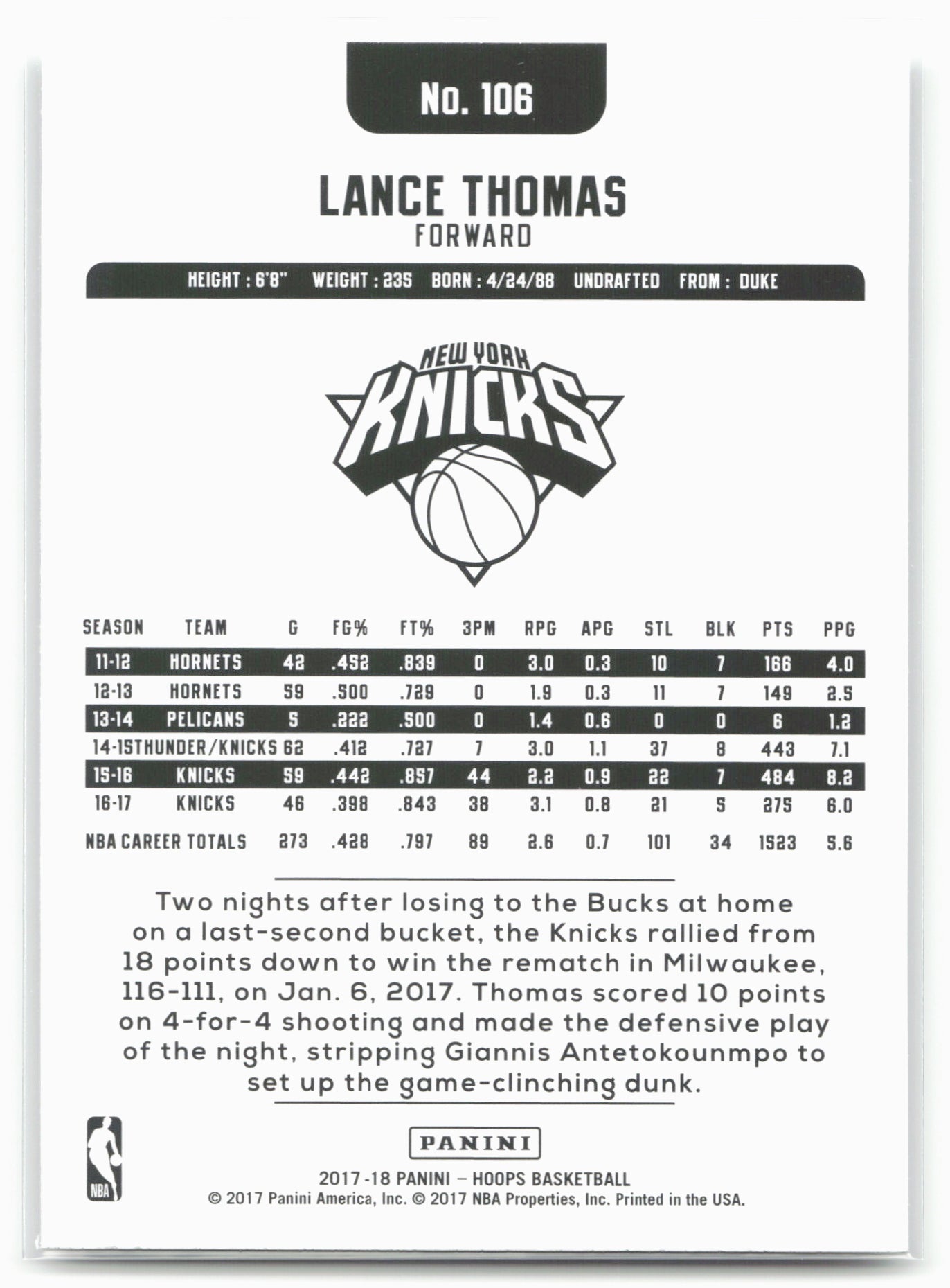 2017-18 Hoops #106 Lance Thomas