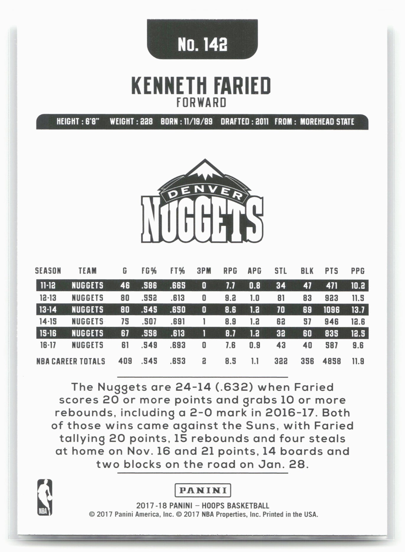 2017-18 Hoops #142 Kenneth Faried