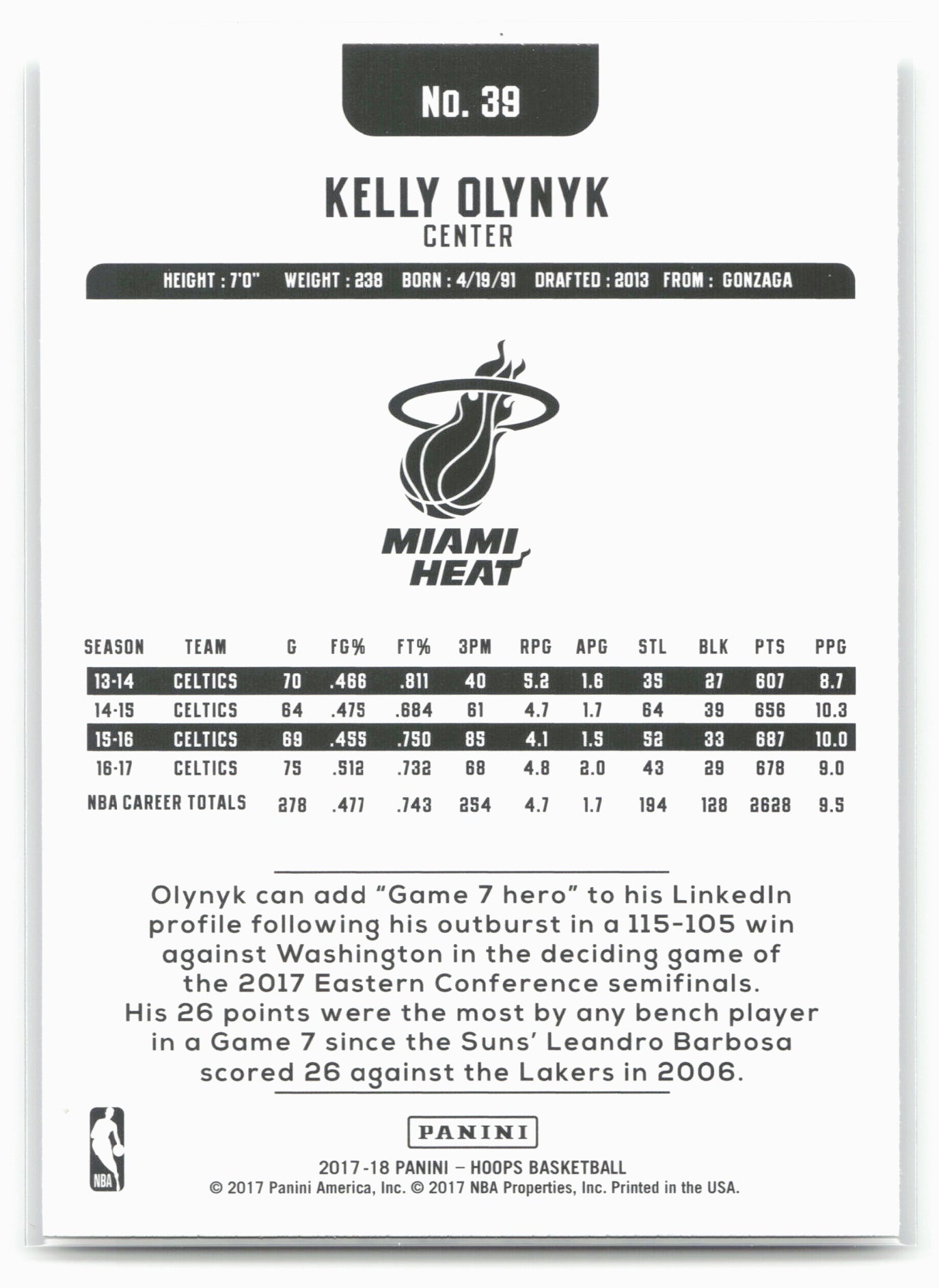 2017-18 Hoops #39 Kelly Olynyk