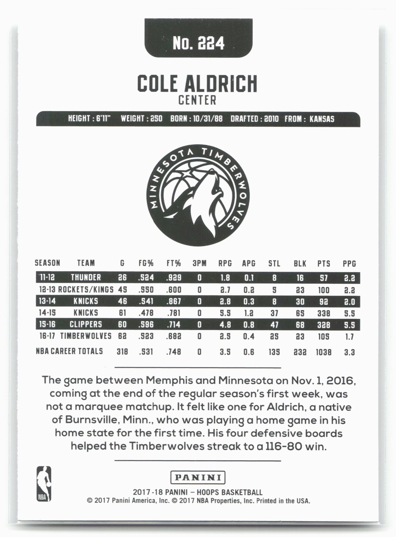 2017-18 Hoops #224 Cole Aldrich