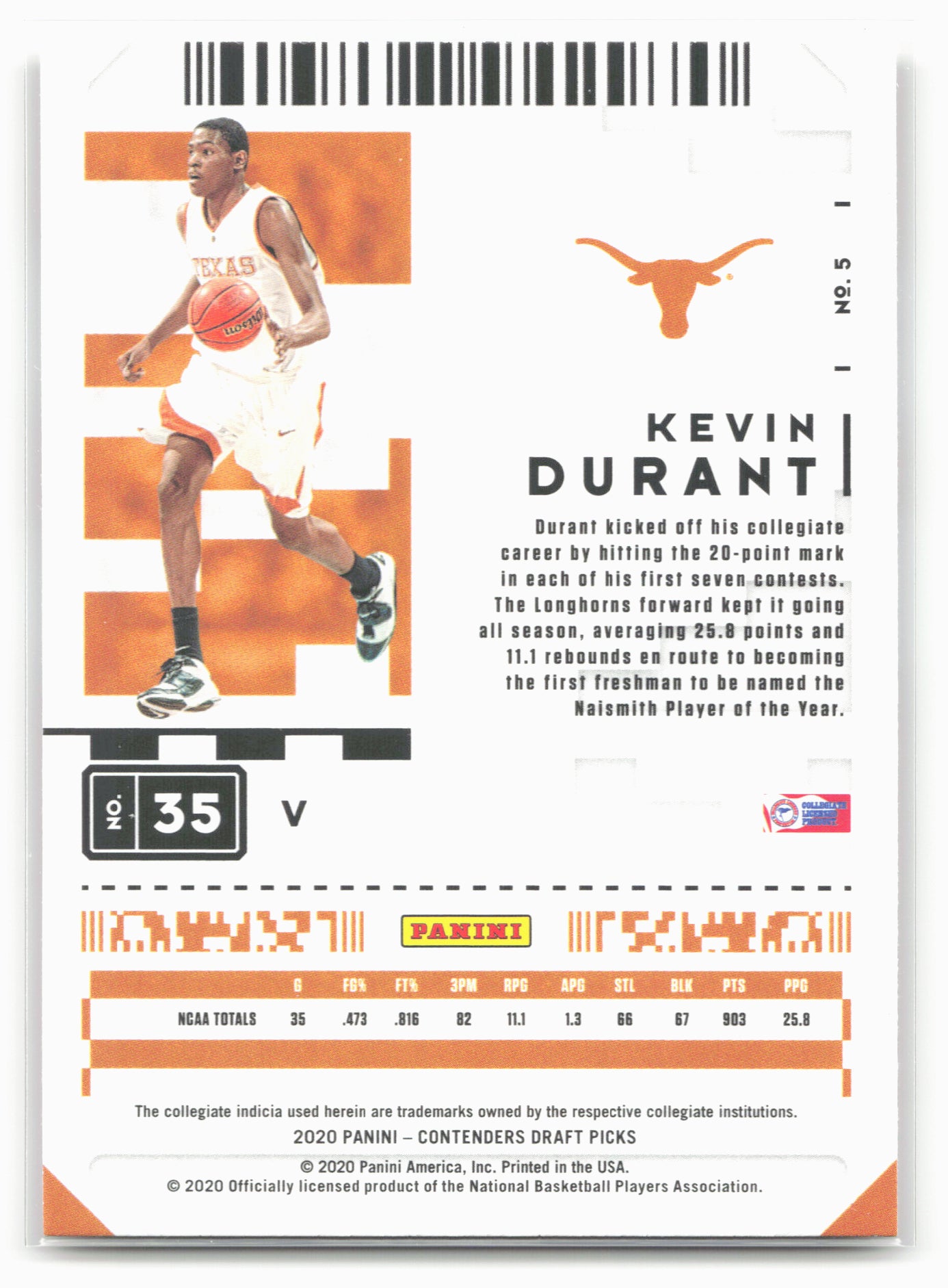 2020 Panini Contenders Draft Picks #5b Kevin Durant White jersey