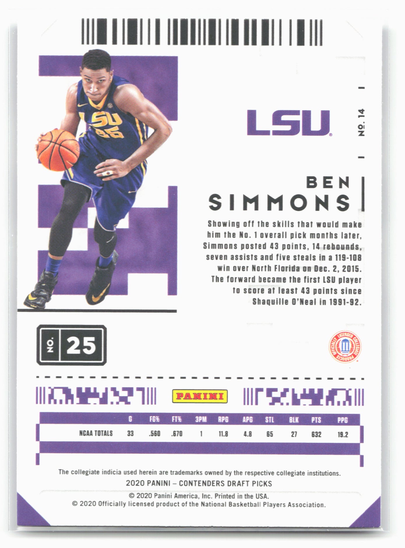 2020 Panini Contenders Draft Picks #14 Ben Simmons