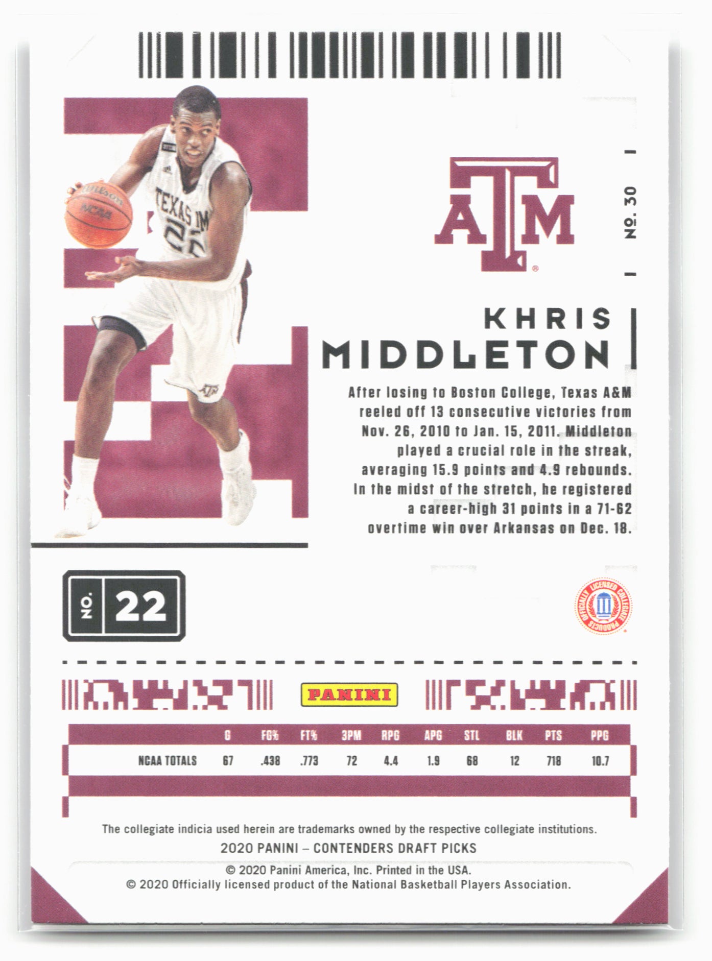 2020 Panini Contenders Draft Picks #30 Khris Middleton
