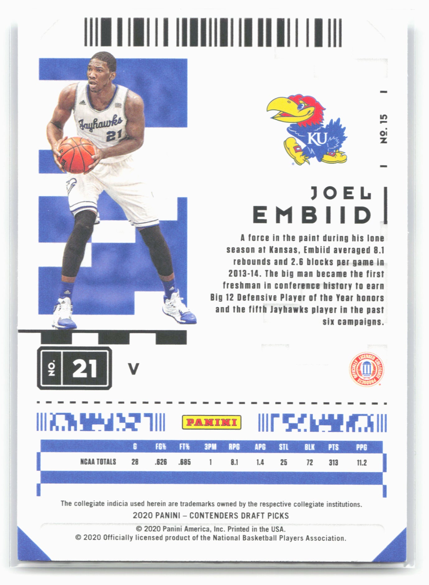 2020 Panini Contenders Draft Picks #15b Joel Embiid White jersey