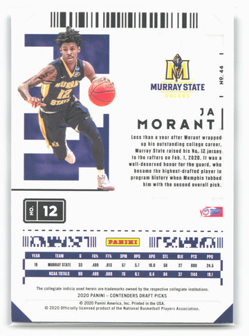 
2020 Panini Contenders Draft Picks #44 Ja Morant Black jersey