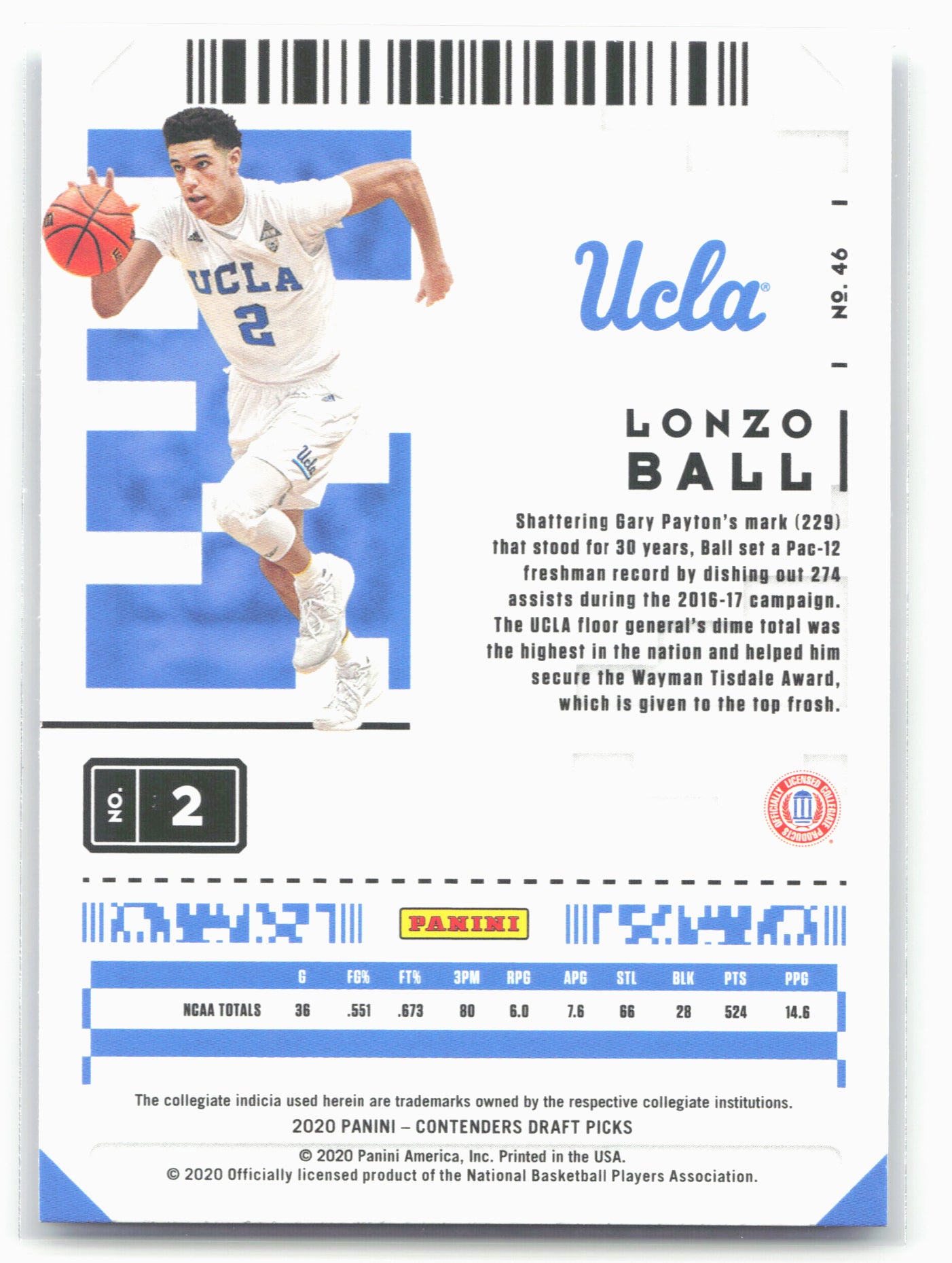 2020 Panini Contenders Draft Picks #46 Lonzo Ball Campus Ticket