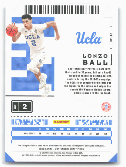 2020 Panini Contenders Draft Picks #46 Lonzo Ball Campus Ticket