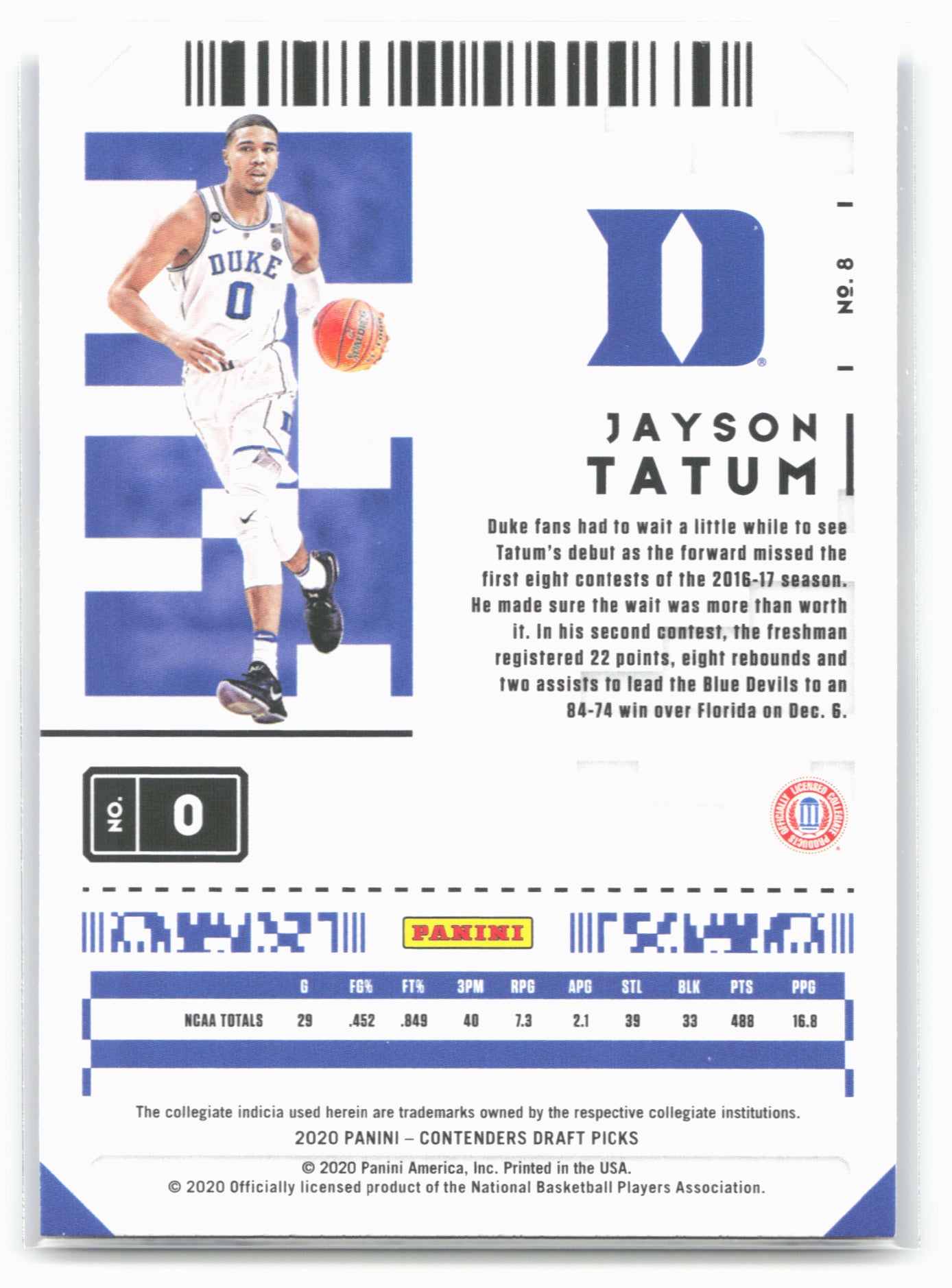 2020 Panini Contenders Draft Picks #8 Jayson Tatum