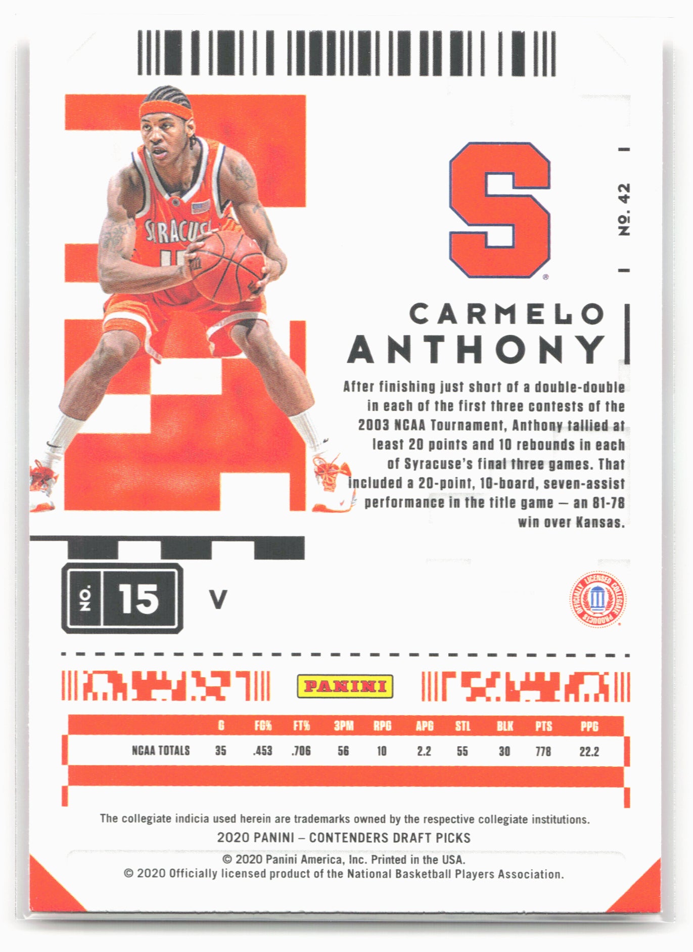 2020 Panini Contenders Draft Picks #42b Carmelo Anthony