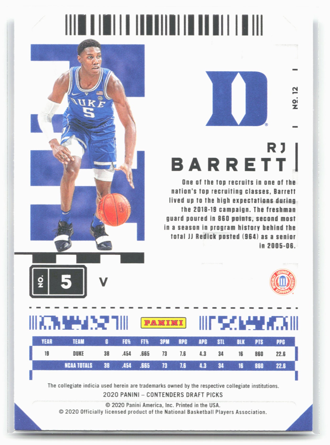 2020 Panini Contenders Draft Picks #12b RJ Barrett