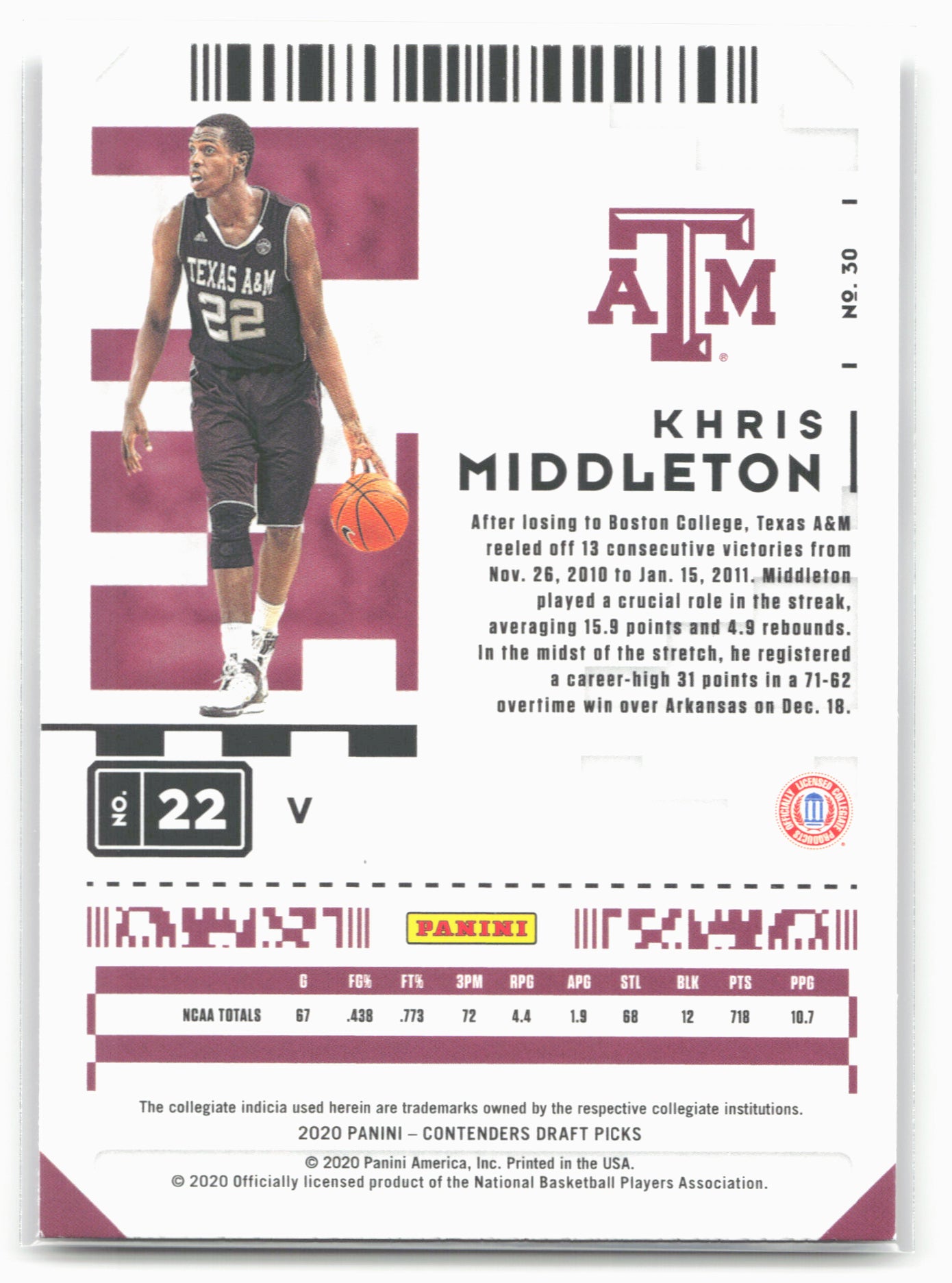 2020 Panini Contenders Draft Picks #30b Khris Middleton
