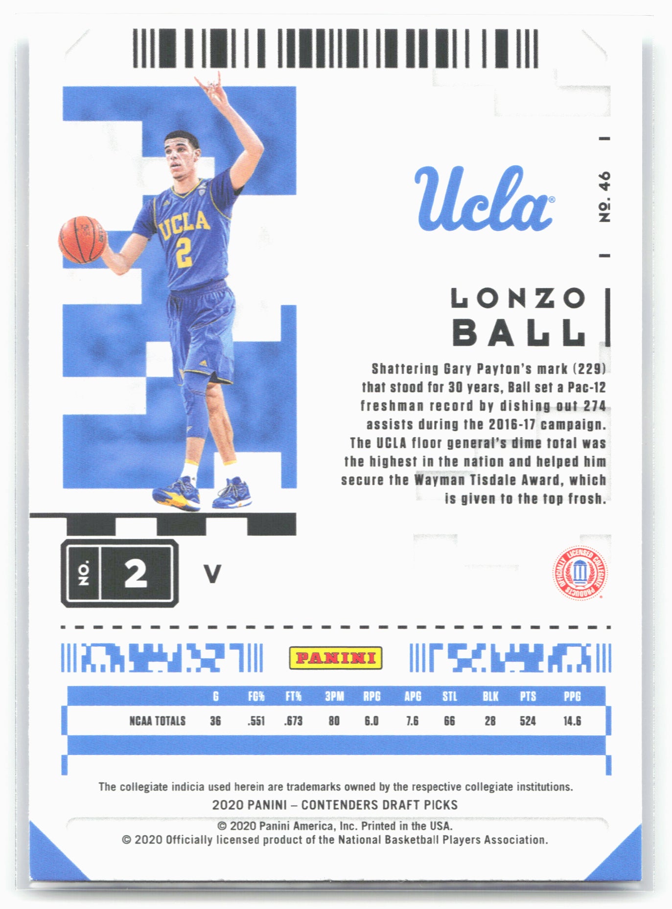 2020 Panini Contenders Draft Picks #46b Lonzo Ball Blue jersey