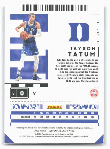 
2020 Panini Contenders Draft Picks #8b Jayson Tatum Campus Ticket