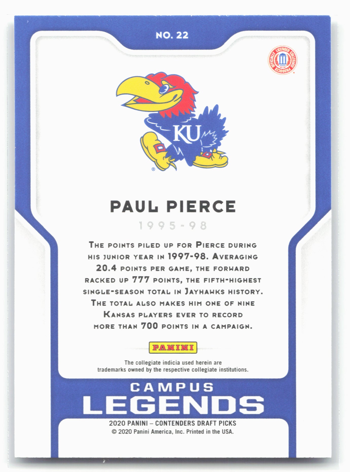 2020 Panini Contenders Draft Picks #22 Paul Pierce Campus Legends