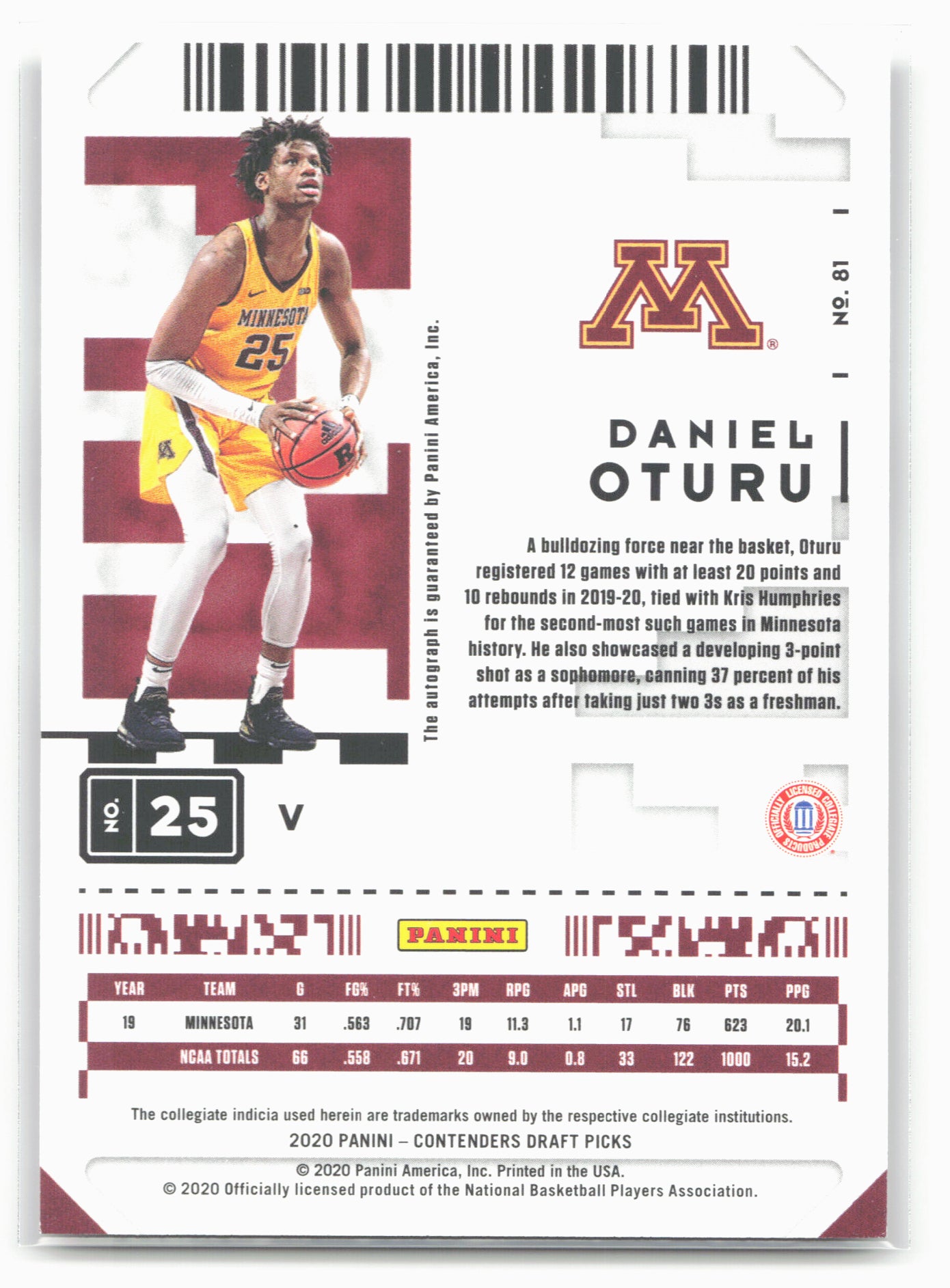 2020 Panini Contenders Draft Picks #81b Daniel Oturu