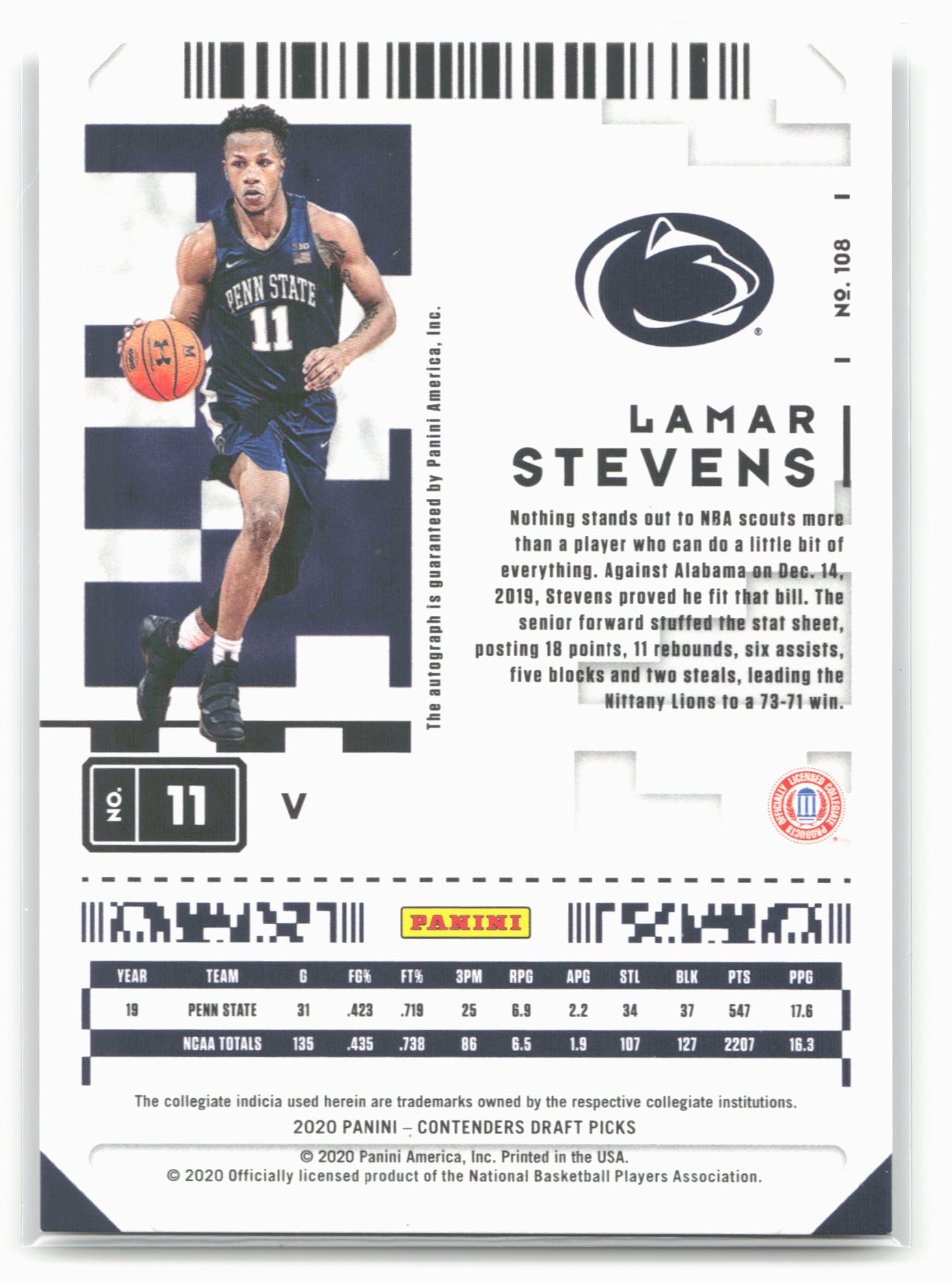 2020 Panini Contenders Draft Picks #108b Lamar Stevens Con Finals Ticket #/75