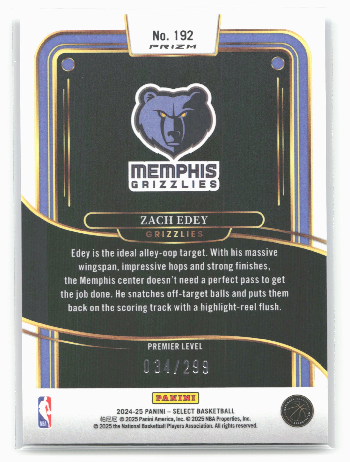 2024-25 Panini Select #192 Zach Edey Light Blue Prizm #/299