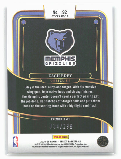 2024-25 Panini Select #192 Zach Edey Light Blue Prizm #/299