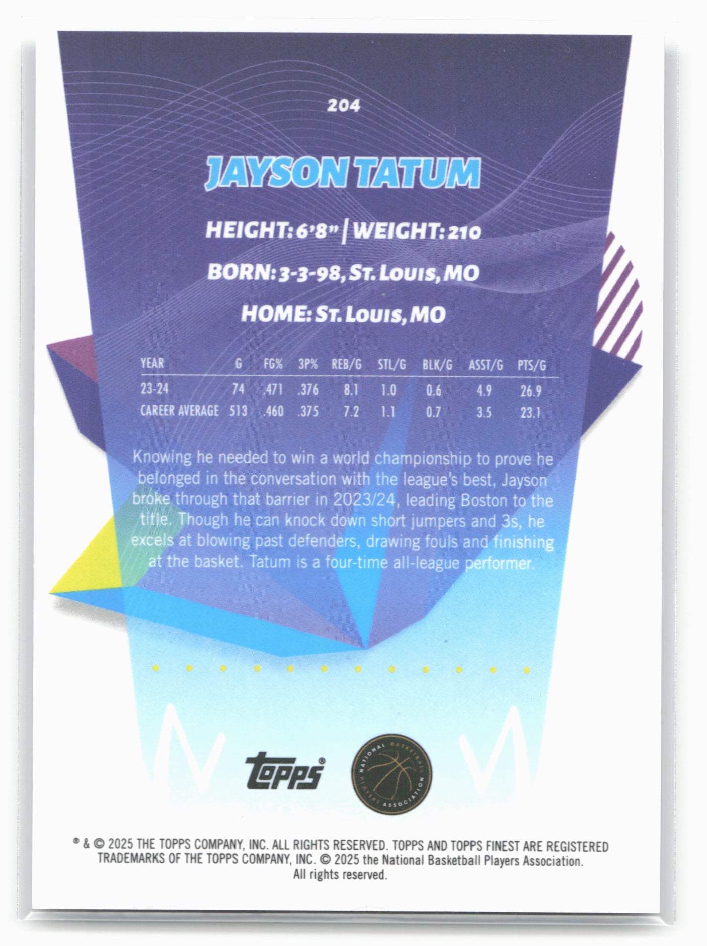 2024-25 Finest #204 Jayson Tatum Purple Geometric Refractor #/50