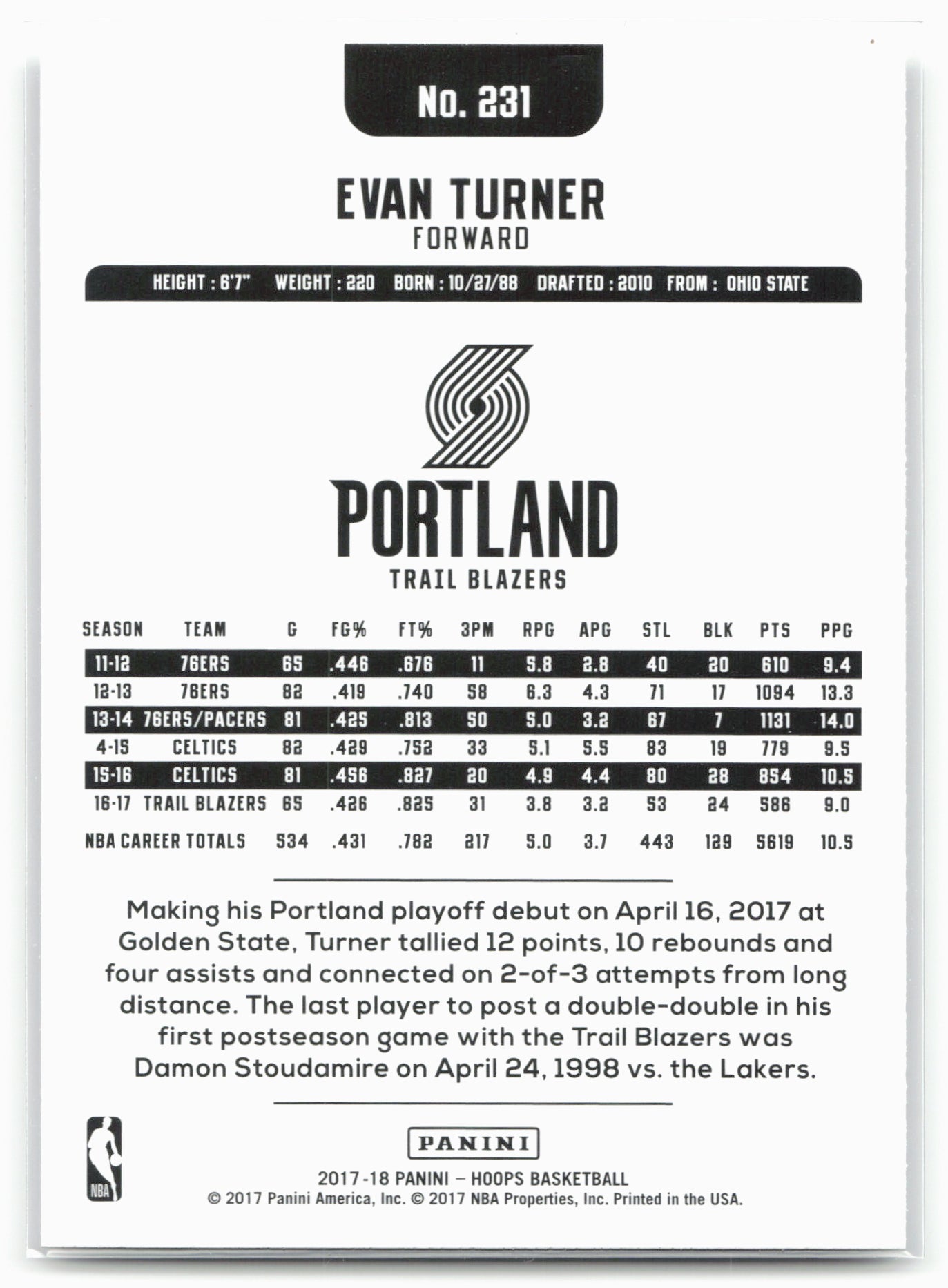 2017-18 Hoops #231 Evan Turner