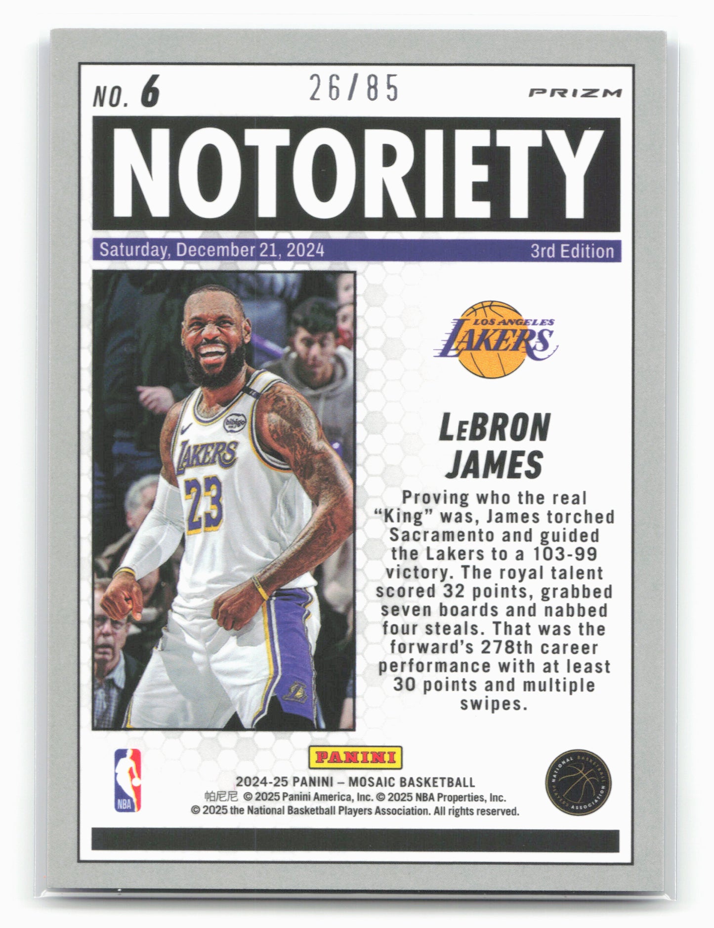 2024-25 Panini Mosaic #6 LeBron James Notoriety Fast Break Blue #/85