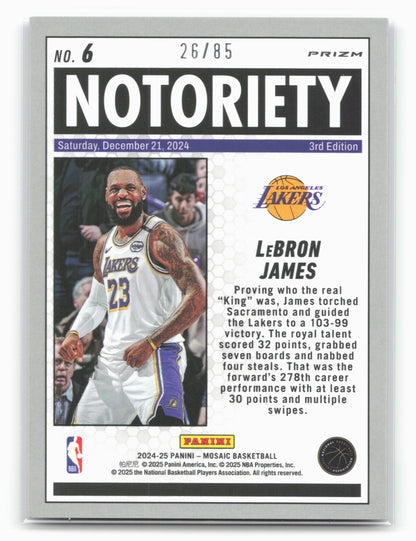 2024-25 Panini Mosaic #6 LeBron James Notoriety Fast Break Blue #/85