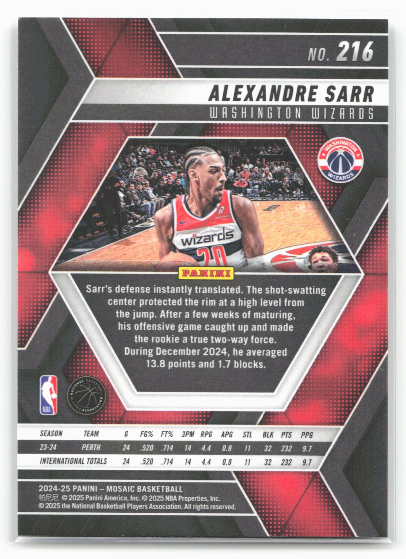 2024-25 Panini Mosaic #216 Alexandre Sarr