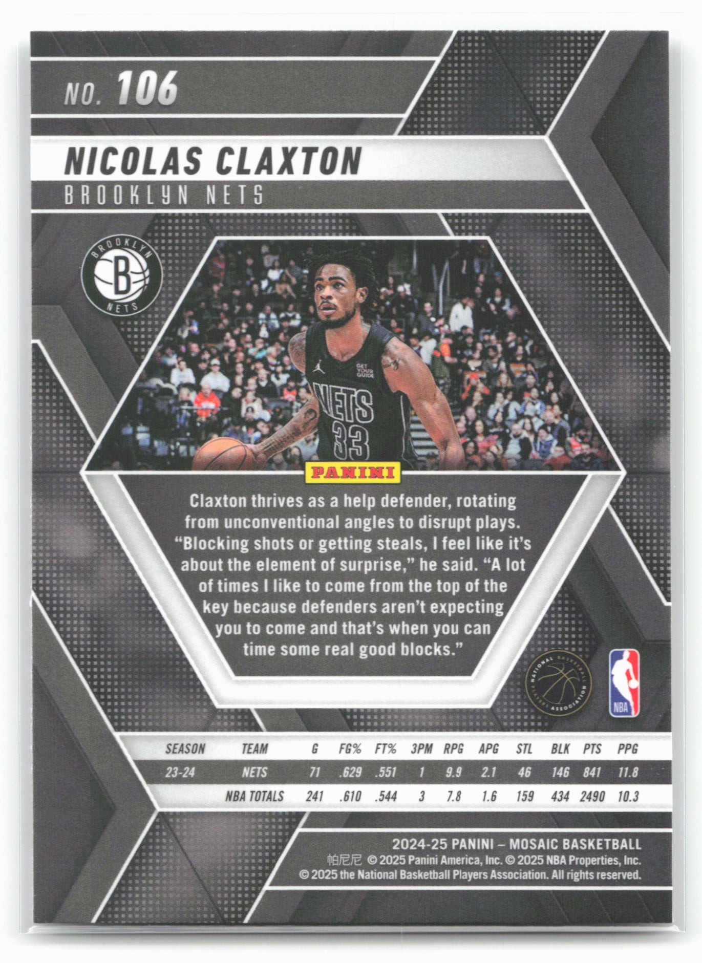 2024-25 Panini Mosaic #106 Nicolas Claxton